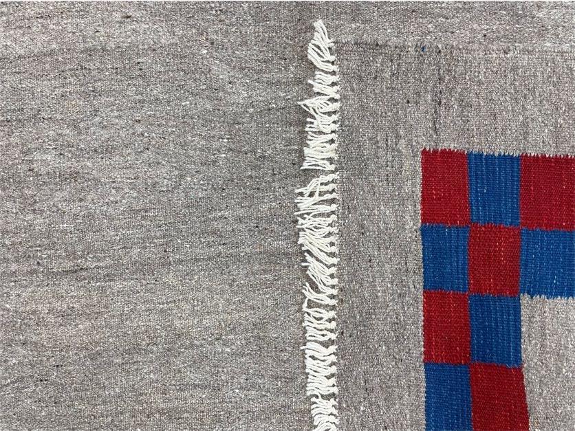 Gray Turkish Kilim Carpet 5' 7" x 7' 7", Medium Kilim Rug, Hand-Knotted, Blue & Red Border, Minimalistic Design, Geometric, Wool, New - Image 10
