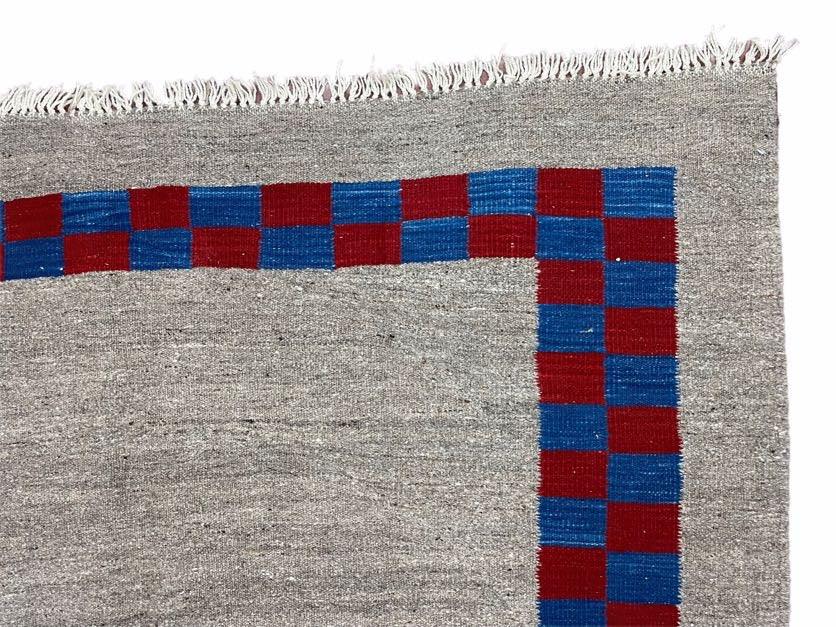 Gray Turkish Kilim Carpet 5' 7" x 7' 7", Medium Kilim Rug, Hand-Knotted, Blue & Red Border, Minimalistic Design, Geometric, Wool, New - Image 7