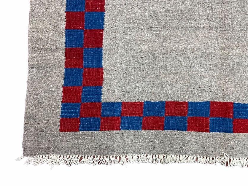 Gray Turkish Kilim Carpet 5' 7" x 7' 7", Medium Kilim Rug, Hand-Knotted, Blue & Red Border, Minimalistic Design, Geometric, Wool, New - Image 8