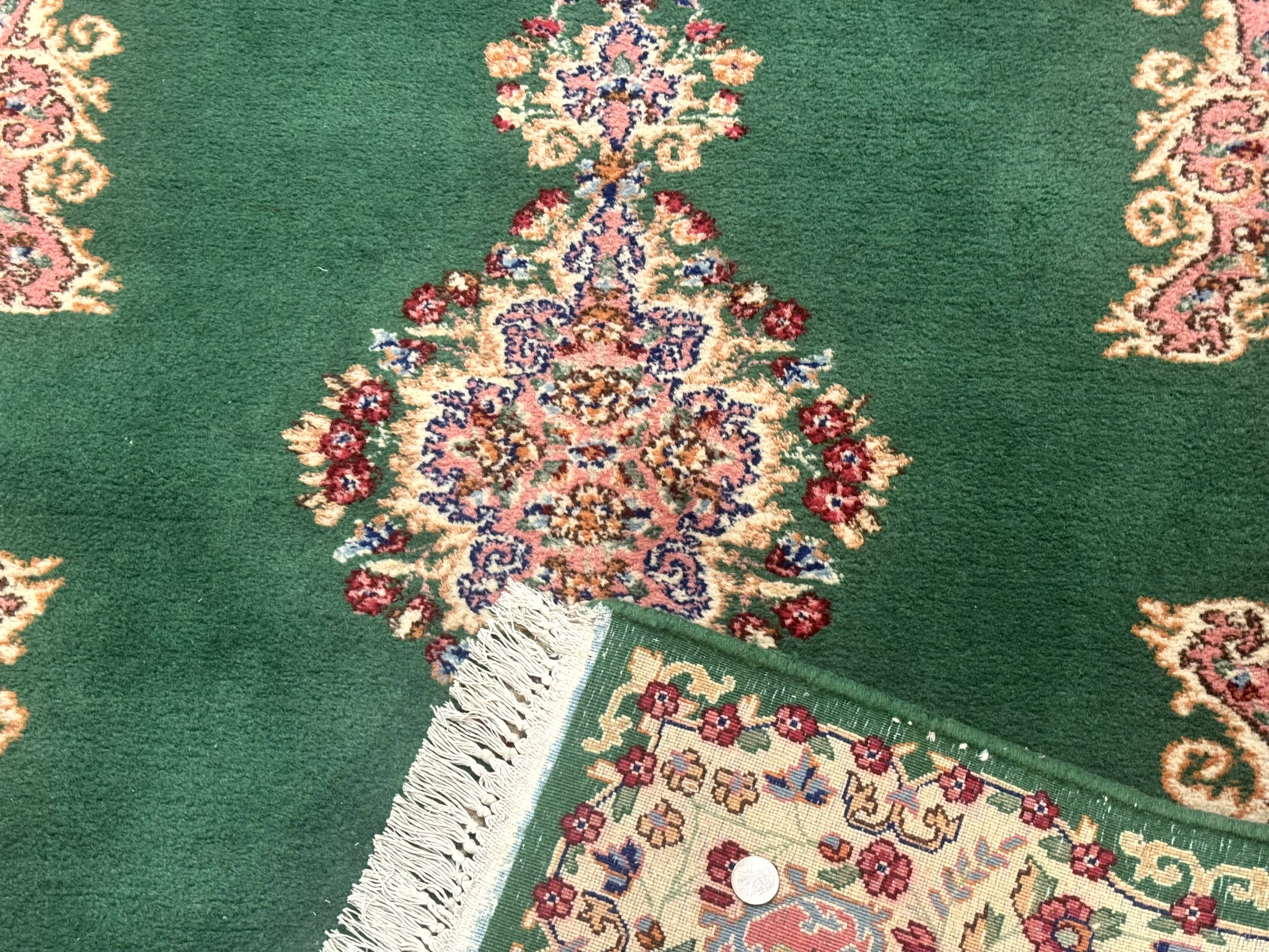 Green Persian Kerman Rug 4x6, Semi Open Field, Green & Cream, Vintage - Image 10
