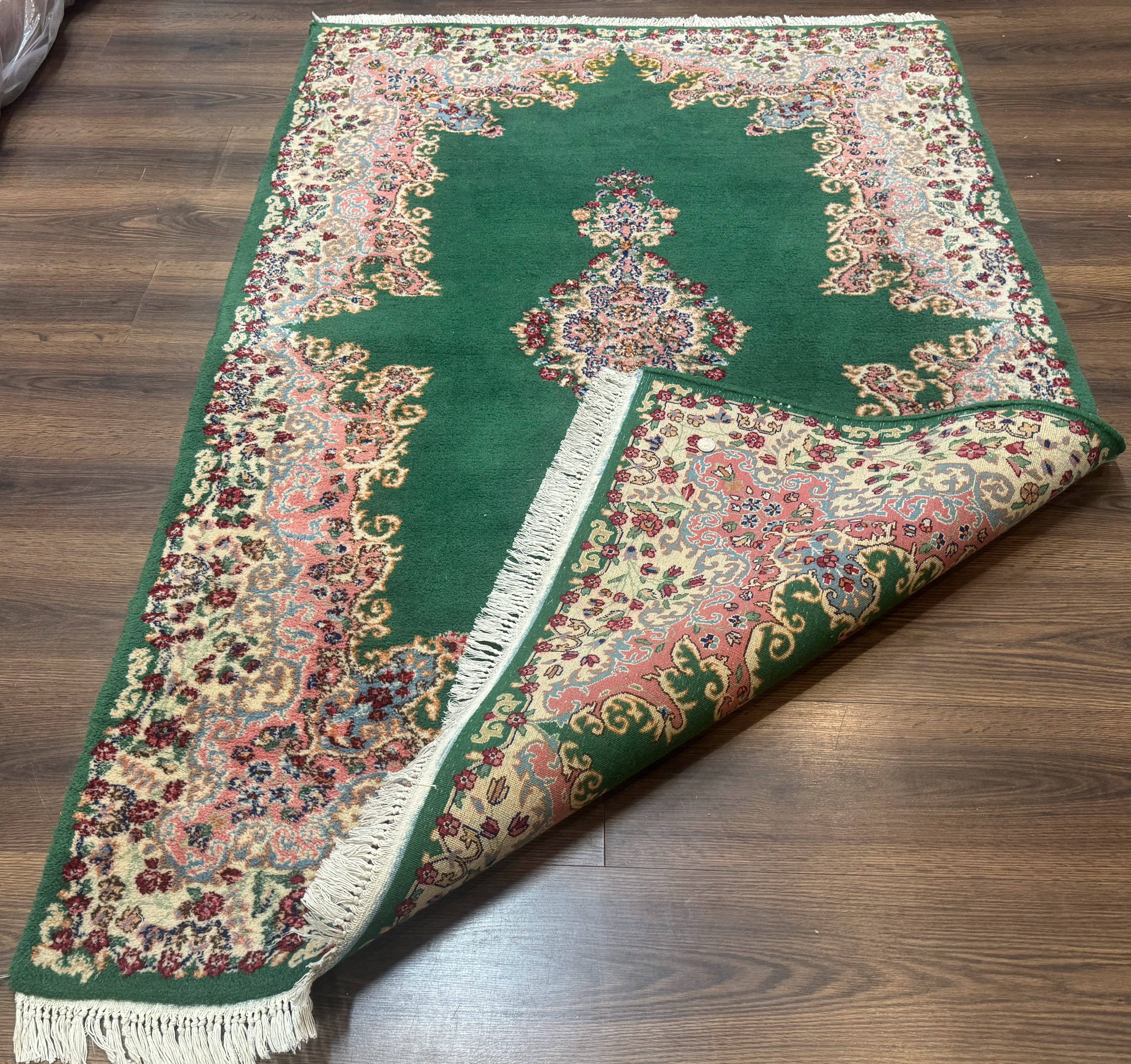Green Persian Kerman Rug 4x6, Semi Open Field, Green & Cream, Vintage - Image 11