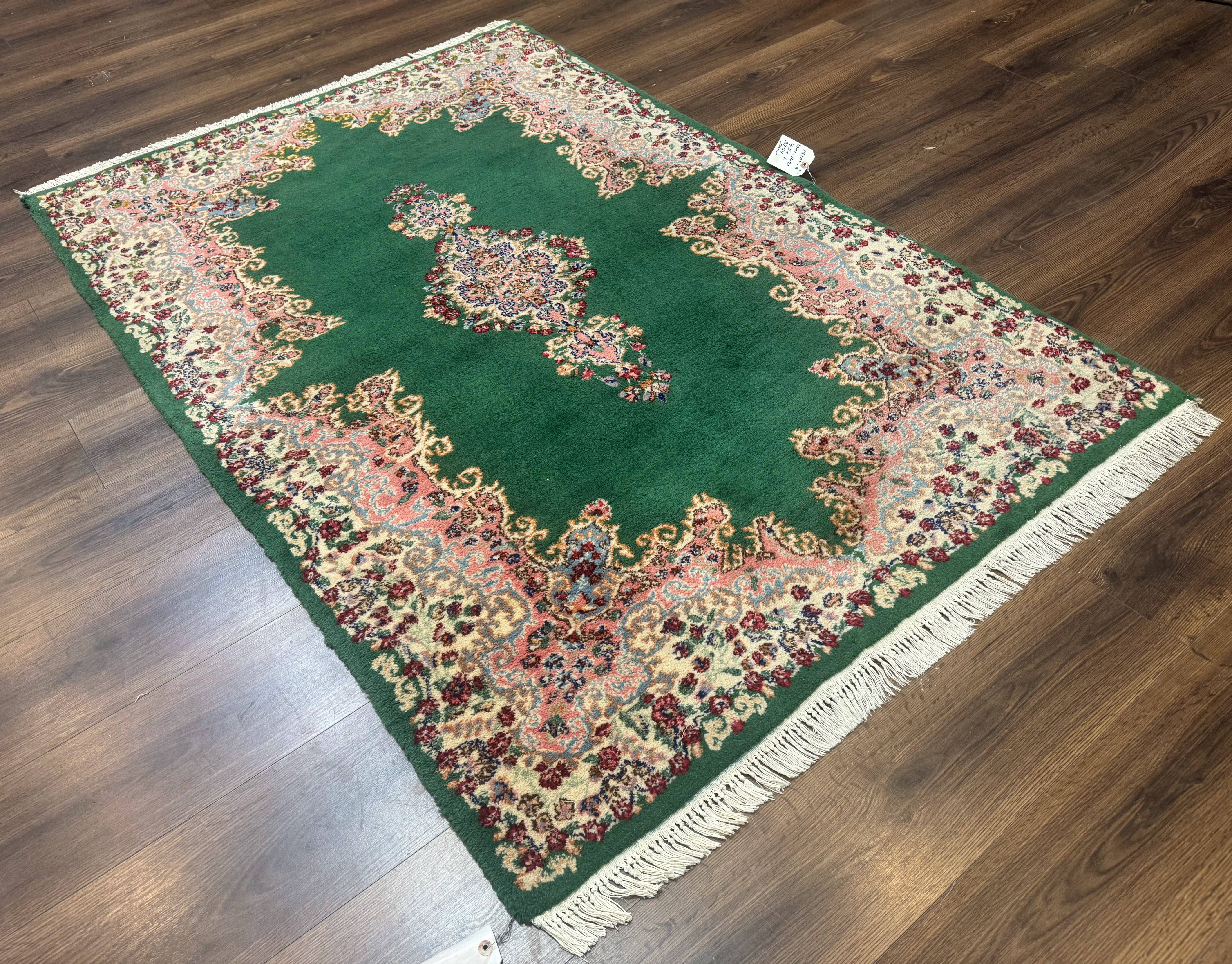 Green Persian Kerman Rug 4x6, Semi Open Field, Green & Cream, Vintage - Image 12