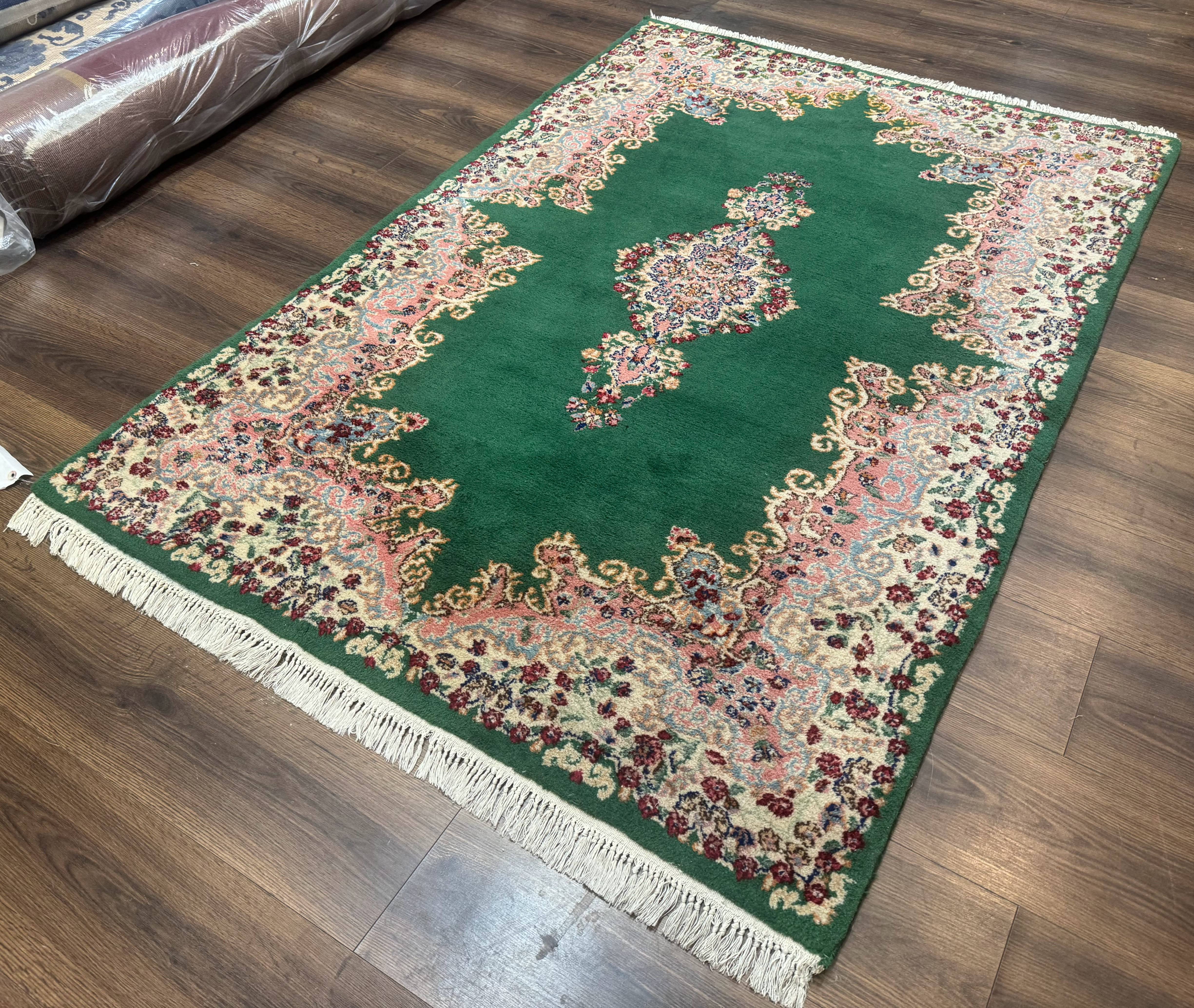 Green Persian Kerman Rug 4x6, Semi Open Field, Green & Cream, Vintage - Image 2