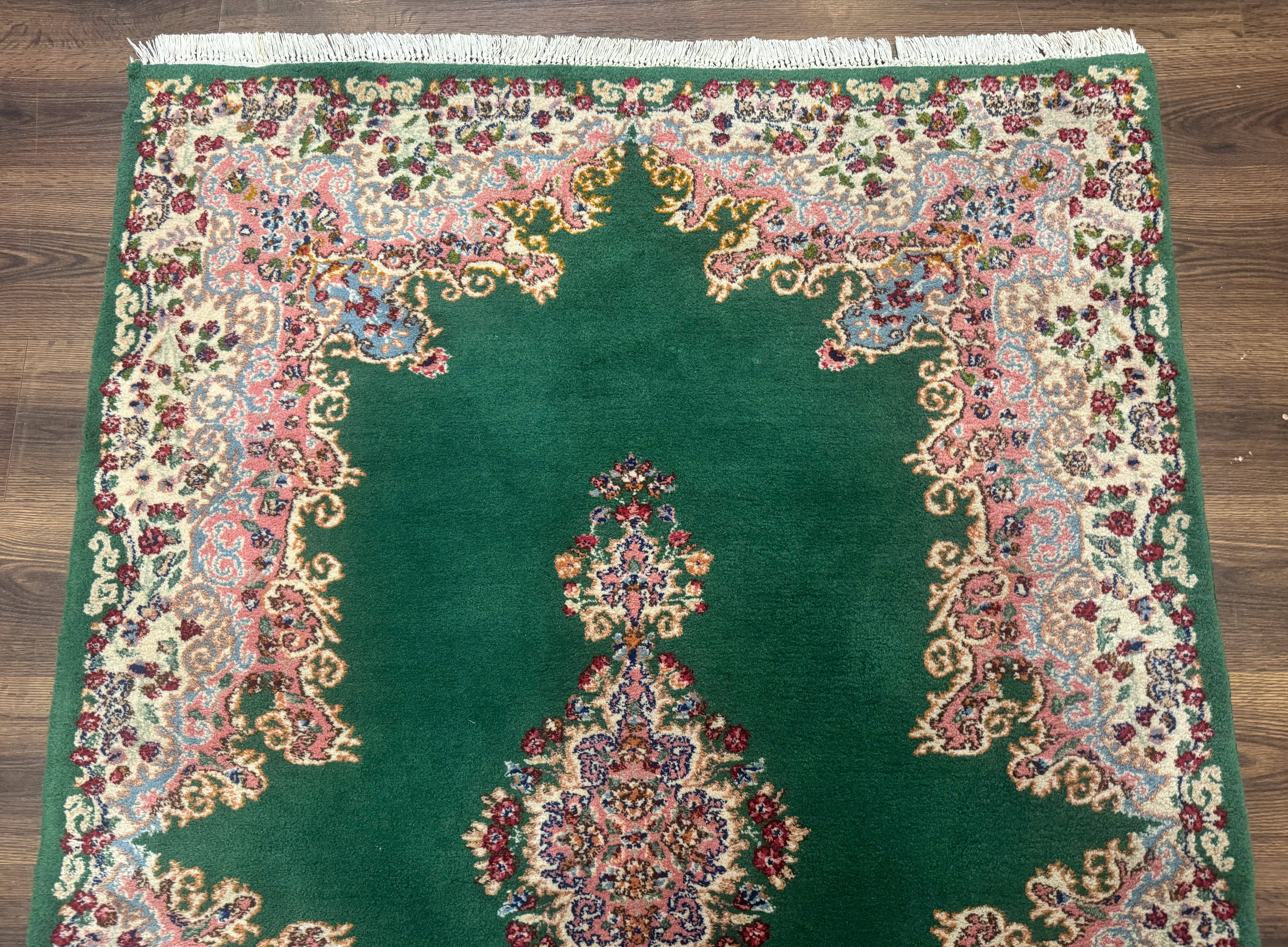 Green Persian Kerman Rug 4x6, Semi Open Field, Green & Cream, Vintage - Image 3