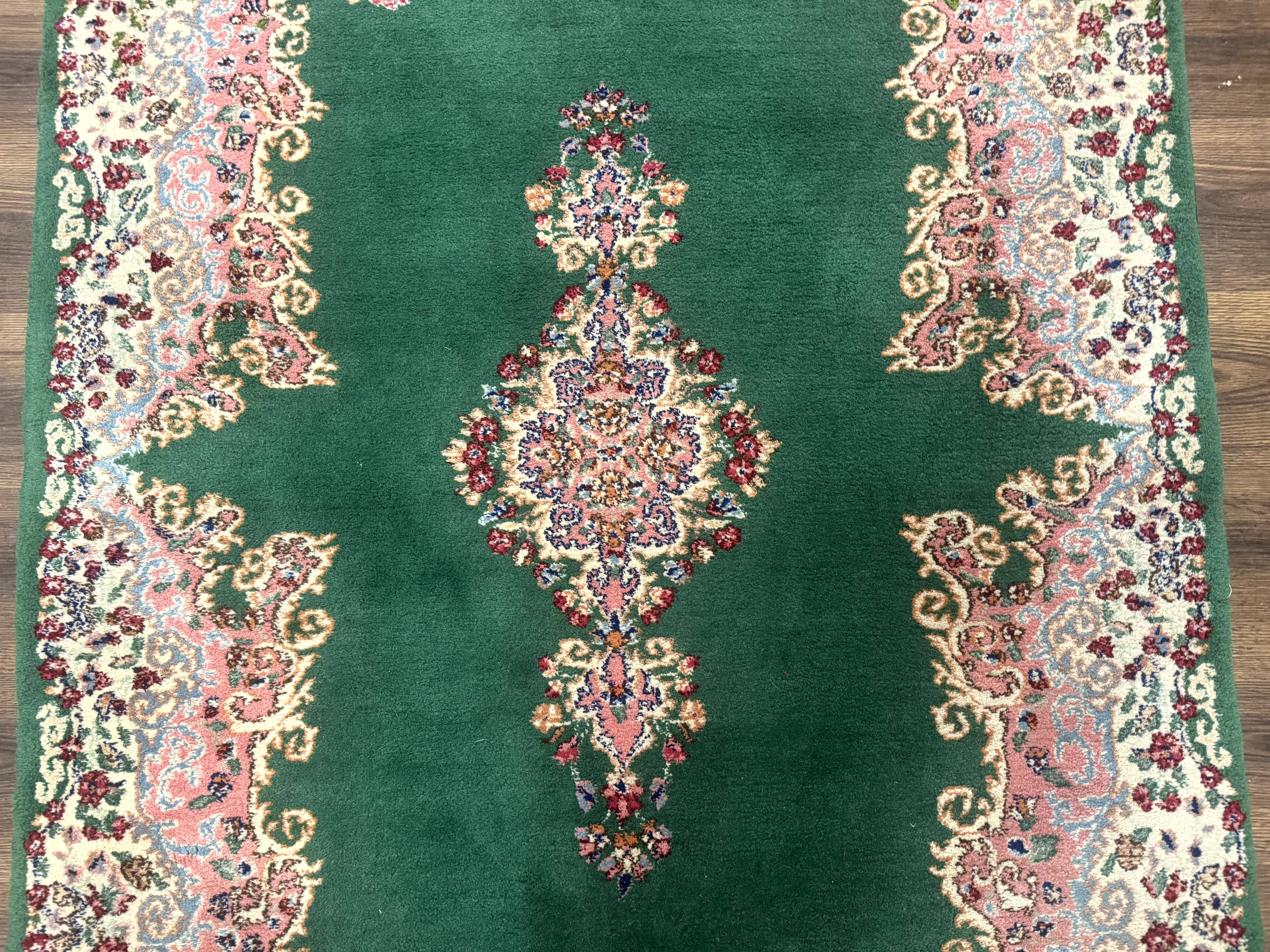 Green Persian Kerman Rug 4x6, Semi Open Field, Green & Cream, Vintage - Image 4