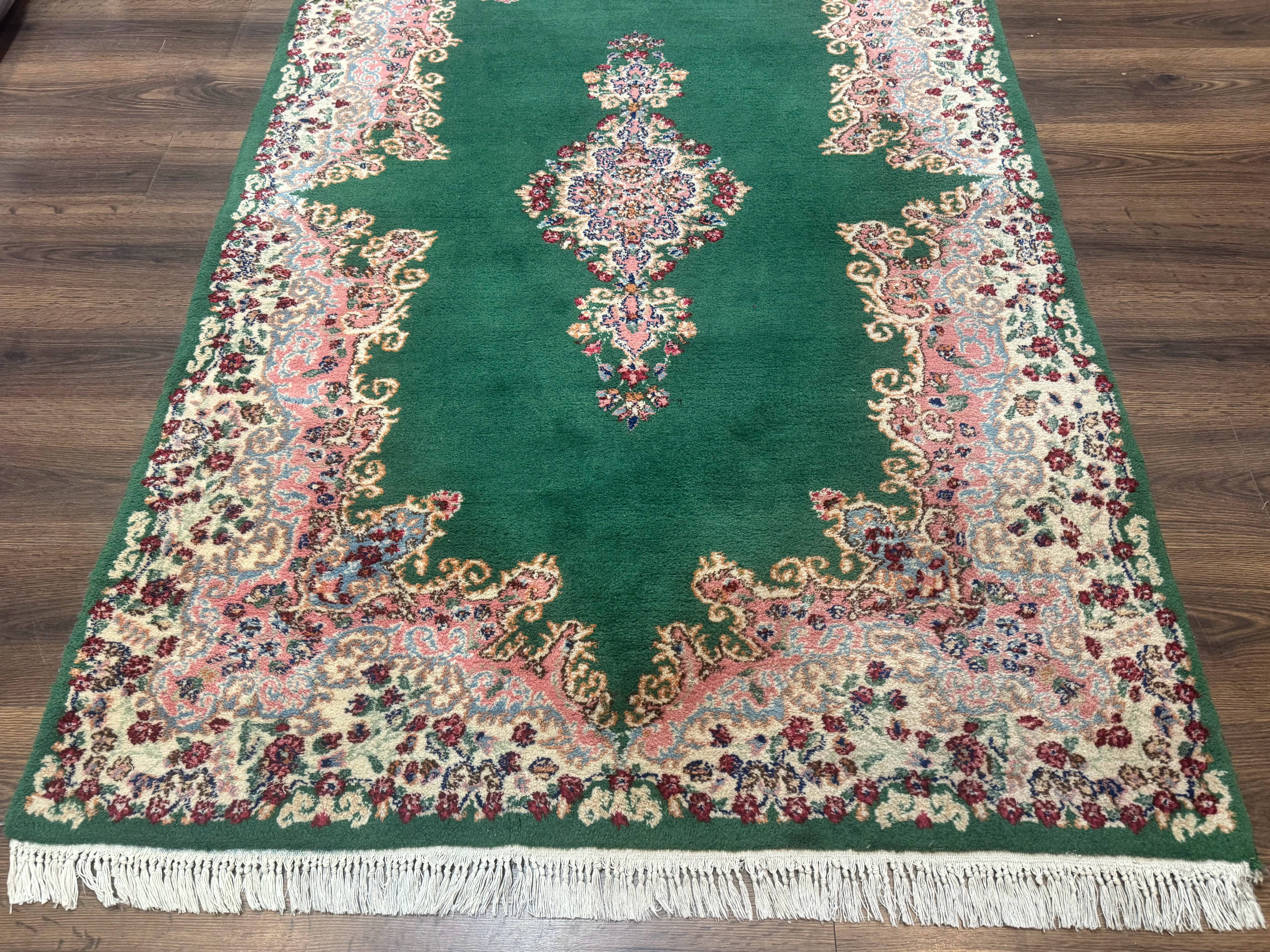 Green Persian Kerman Rug 4x6, Semi Open Field, Green & Cream, Vintage - Image 5