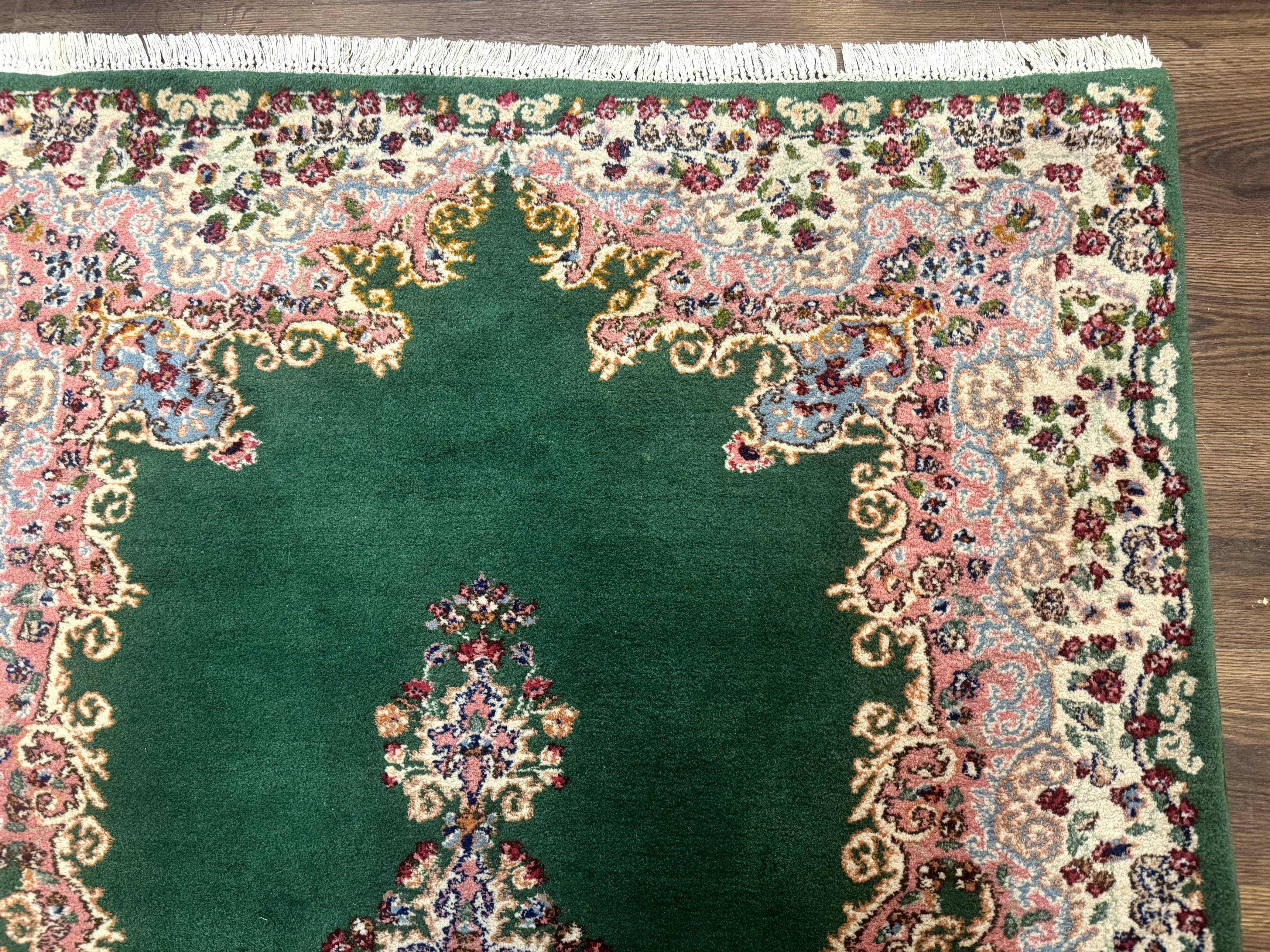 Green Persian Kerman Rug 4x6, Semi Open Field, Green & Cream, Vintage - Image 7