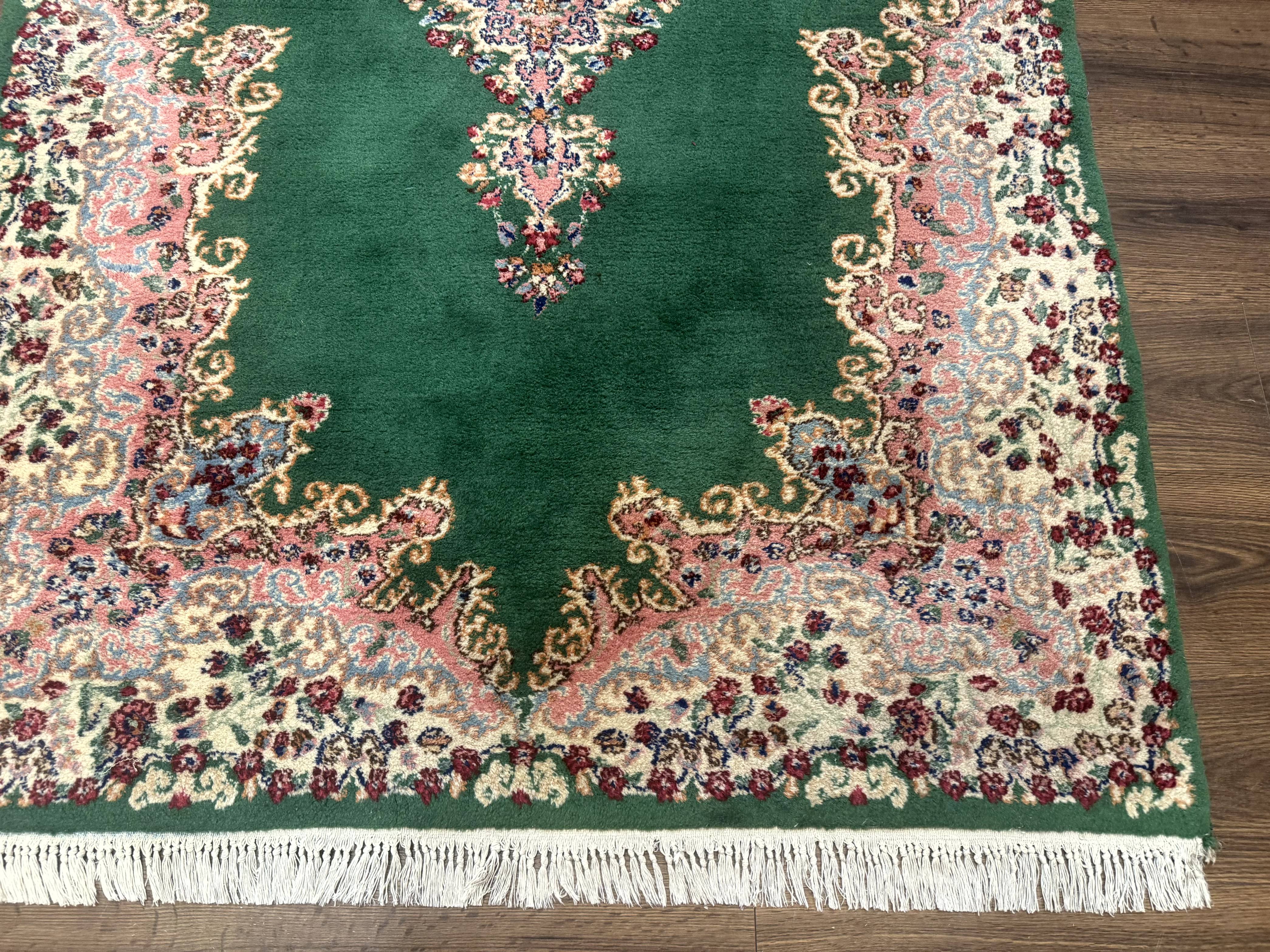 Green Persian Kerman Rug 4x6, Semi Open Field, Green & Cream, Vintage - Image 9