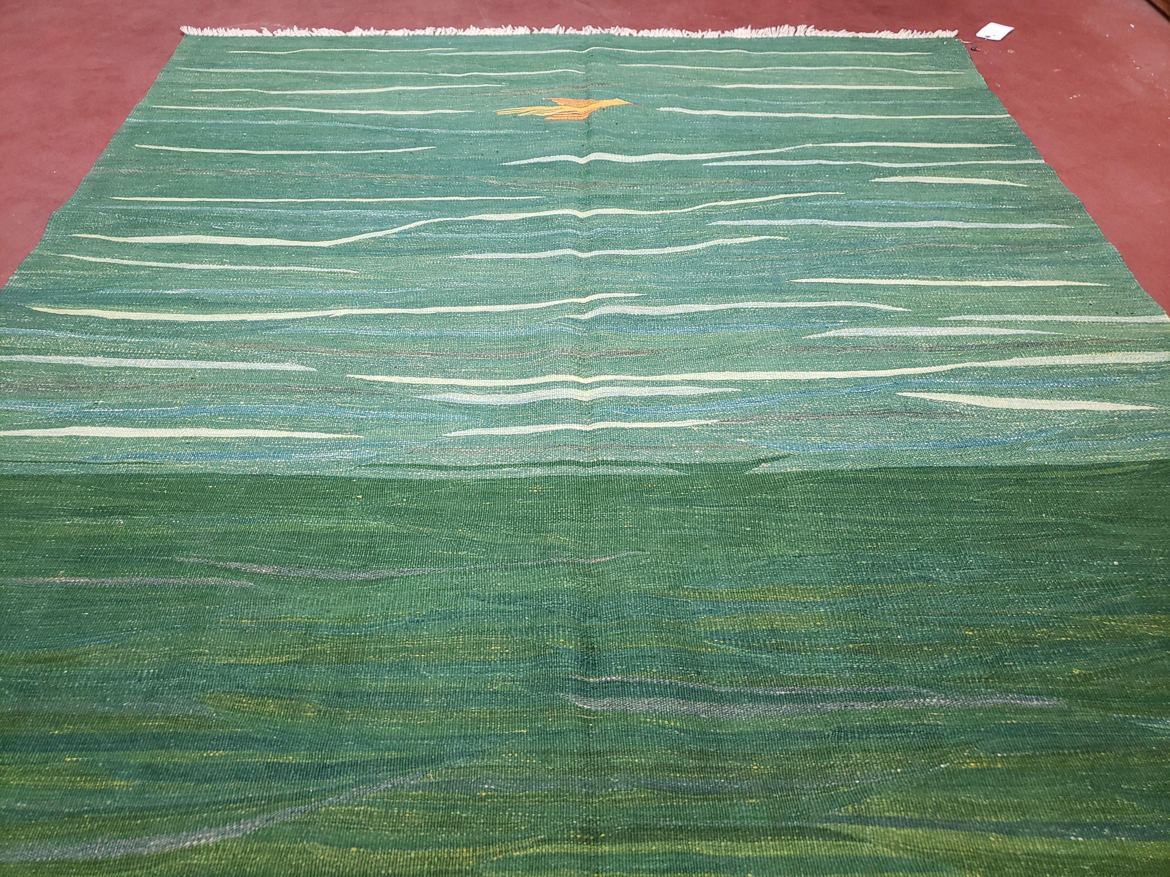 Green Turkish Kilim Rug, 6x9 - 7x10 Rugs, Bird, Handmade New Area Rug, Wool, Bohemian Boho Decor, Hand Woven, Modern Abstract Flat Weave Rug - Image 12