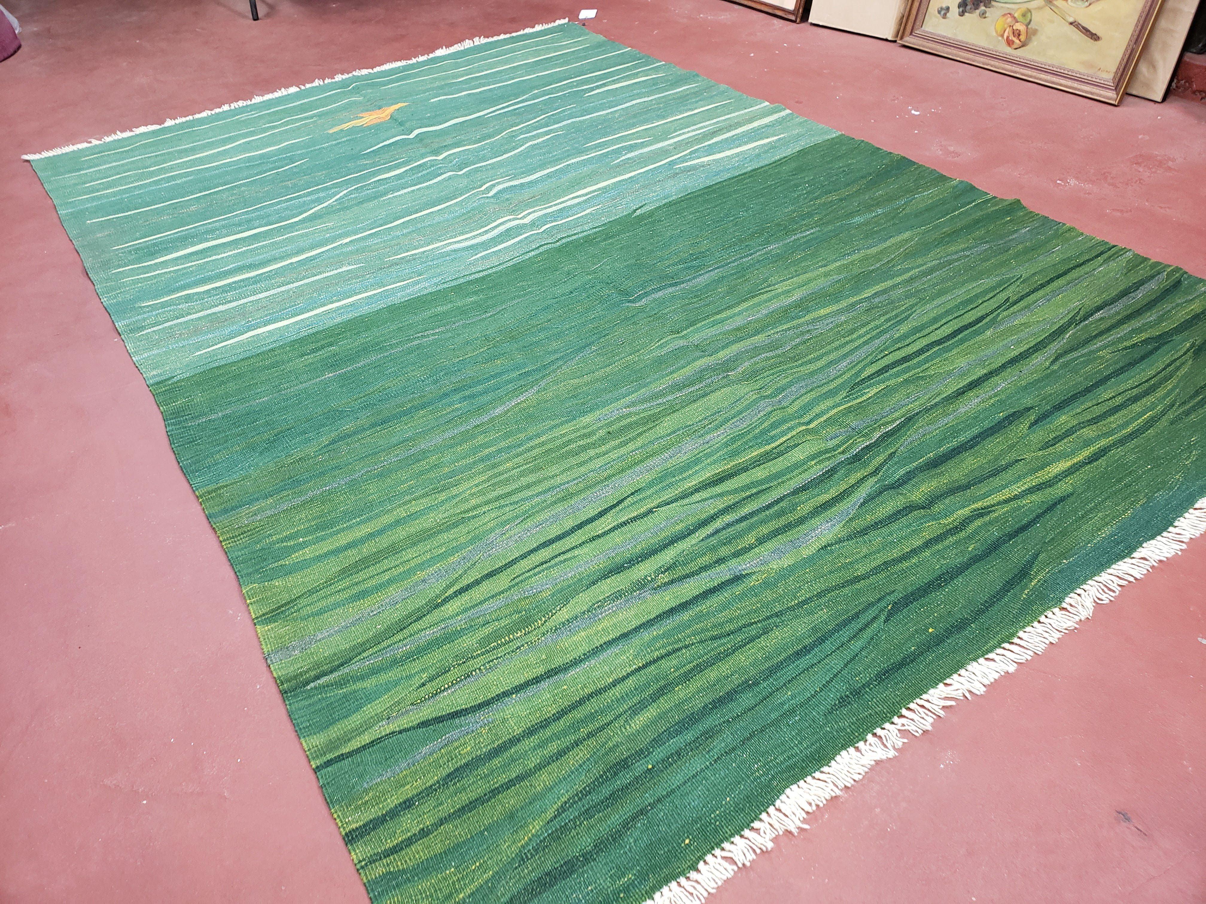 Green Turkish Kilim Rug, 6x9 - 7x10 Rugs, Bird, Handmade New Area Rug, Wool, Bohemian Boho Decor, Hand Woven, Modern Abstract Flat Weave Rug - Image 2