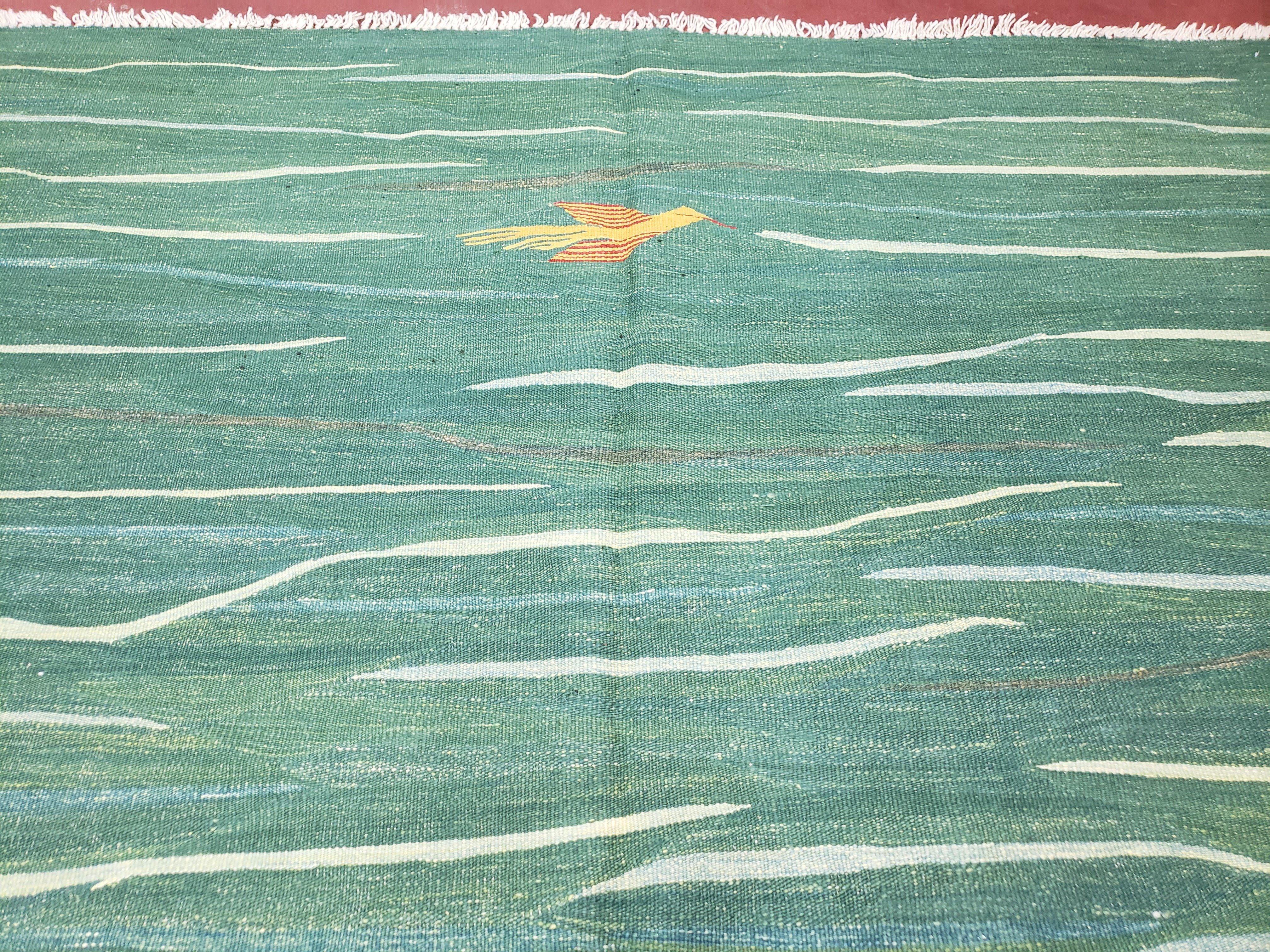 Green Turkish Kilim Rug, 6x9 - 7x10 Rugs, Bird, Handmade New Area Rug, Wool, Bohemian Boho Decor, Hand Woven, Modern Abstract Flat Weave Rug - Image 3