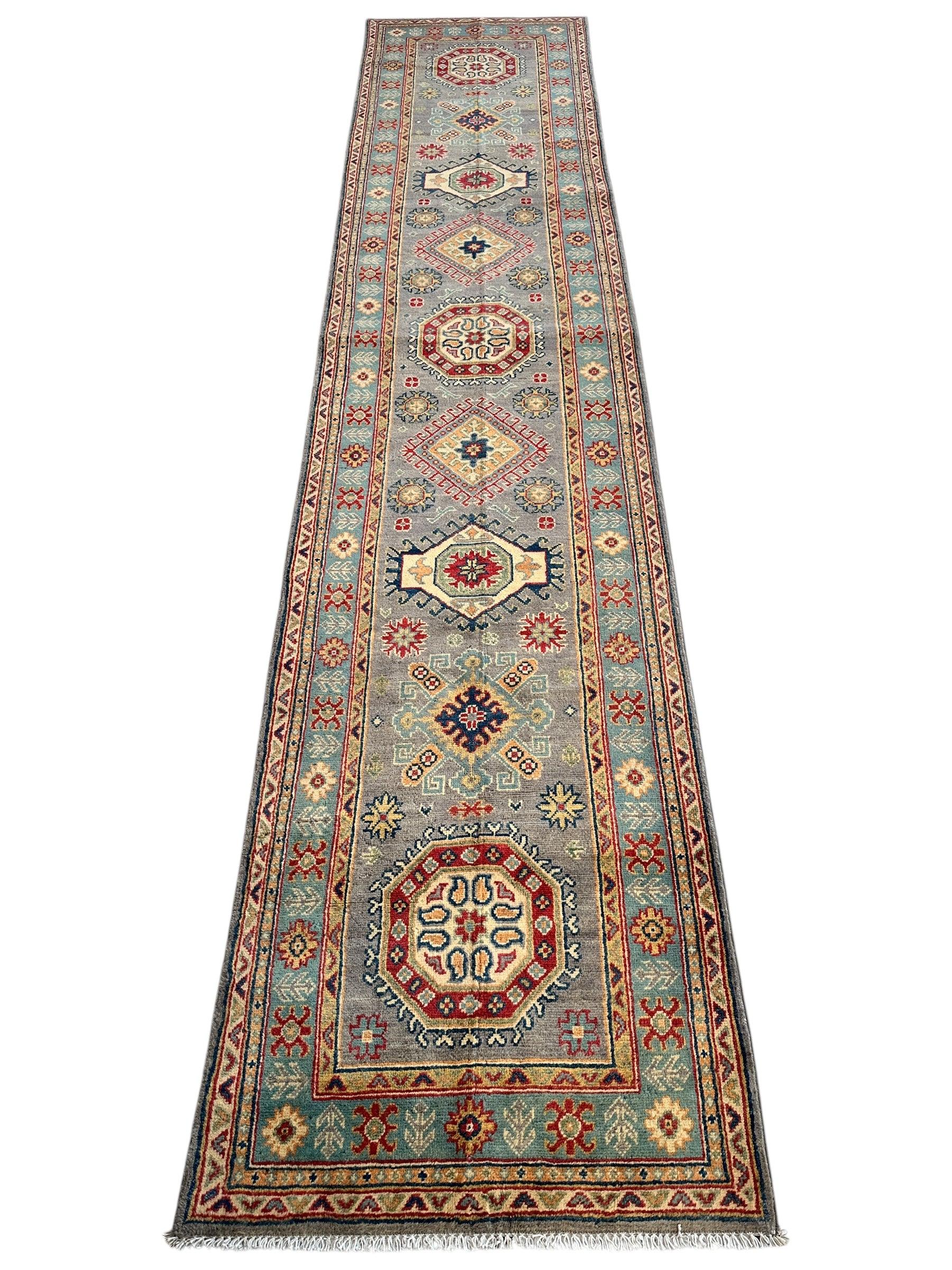 Hand-Knotted Afghan Kazak Wool Runner Rug – 2'7" x 12'3" – Traditional Geometric Design - Image 2
