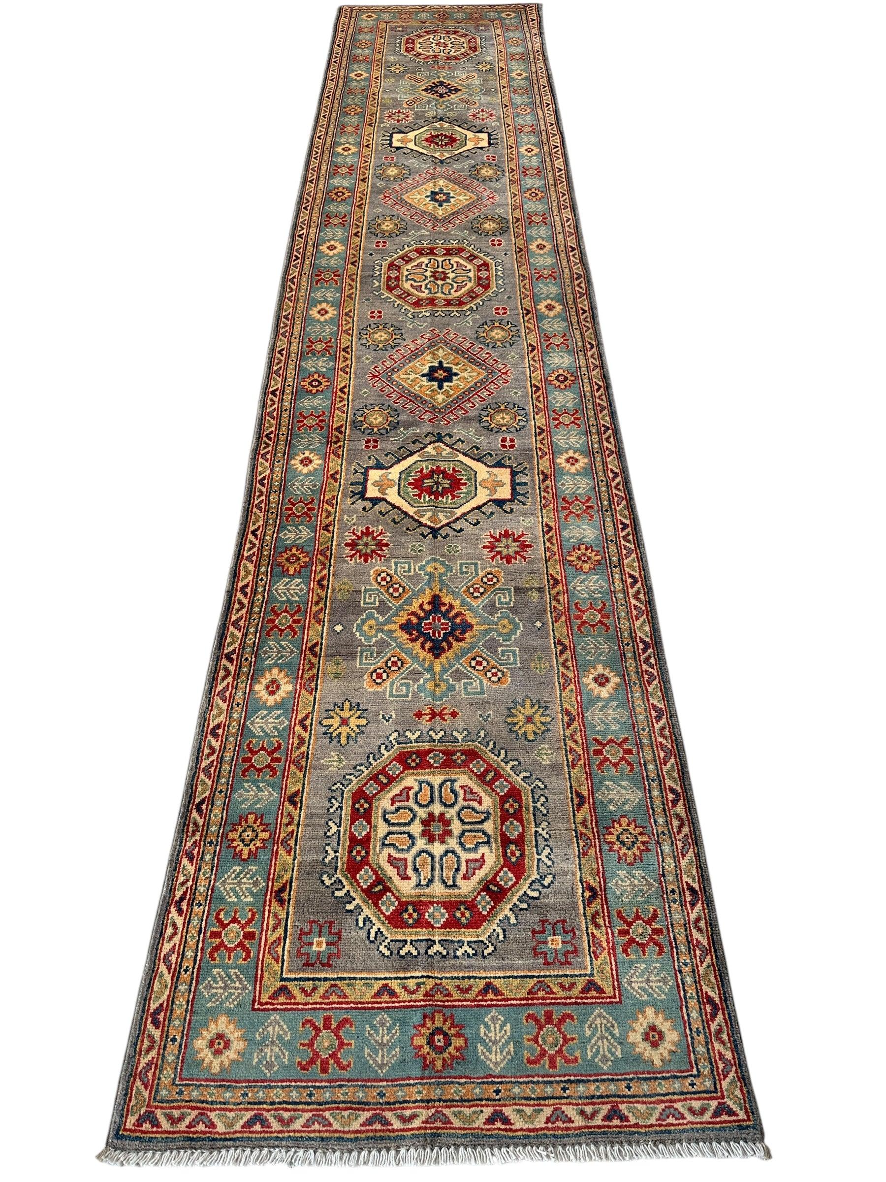 Hand-Knotted Afghan Kazak Wool Runner Rug – 2'7" x 12'3" – Traditional Geometric Design - Image 3