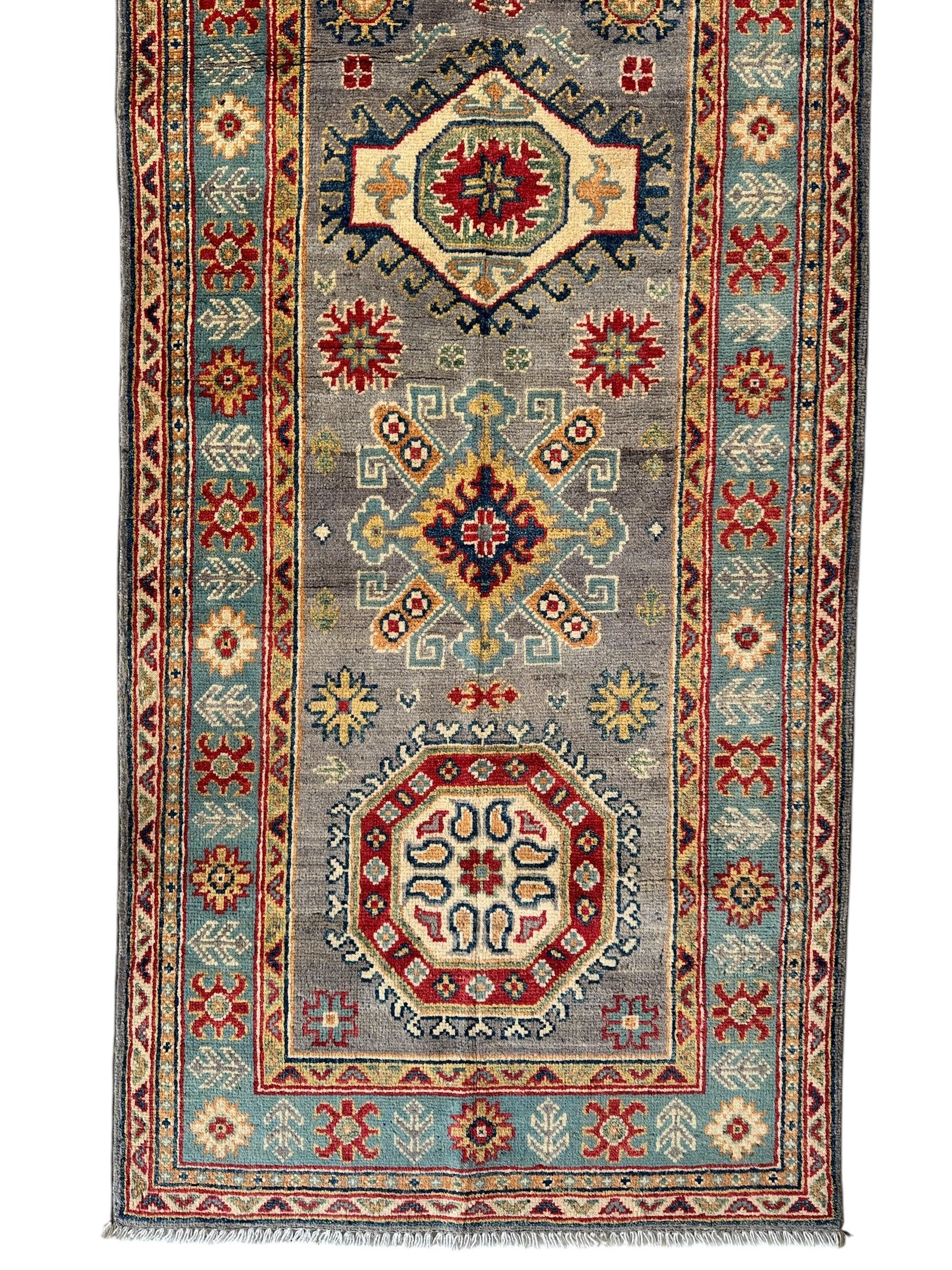 Hand-Knotted Afghan Kazak Wool Runner Rug – 2'7" x 12'3" – Traditional Geometric Design - Image 4