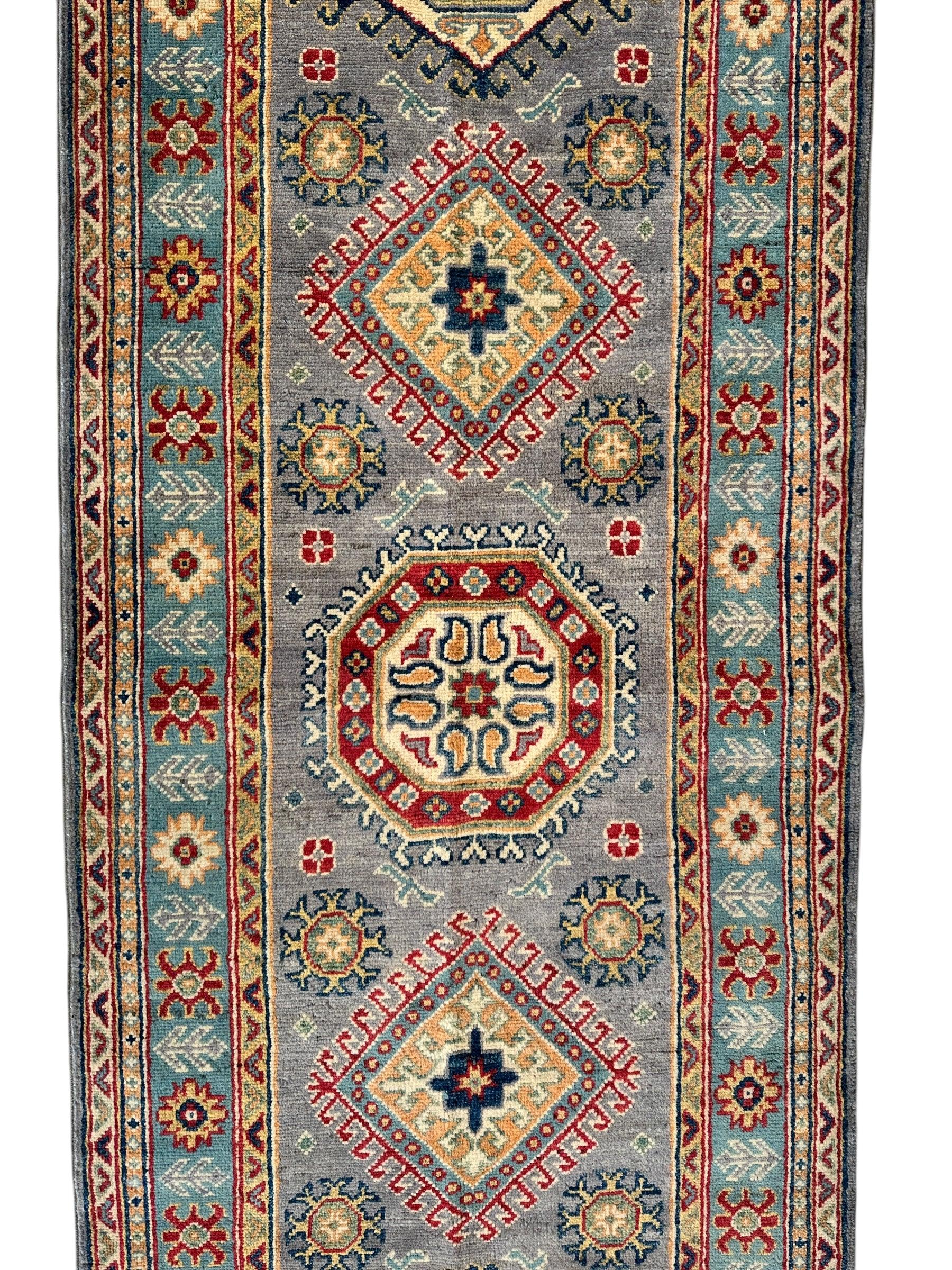 Hand-Knotted Afghan Kazak Wool Runner Rug – 2'7" x 12'3" – Traditional Geometric Design - Image 5