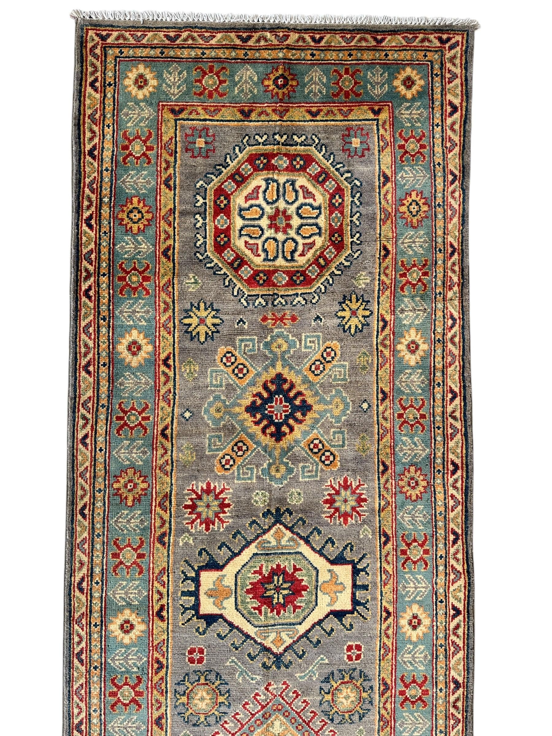 Hand-Knotted Afghan Kazak Wool Runner Rug – 2'7" x 12'3" – Traditional Geometric Design - Image 6