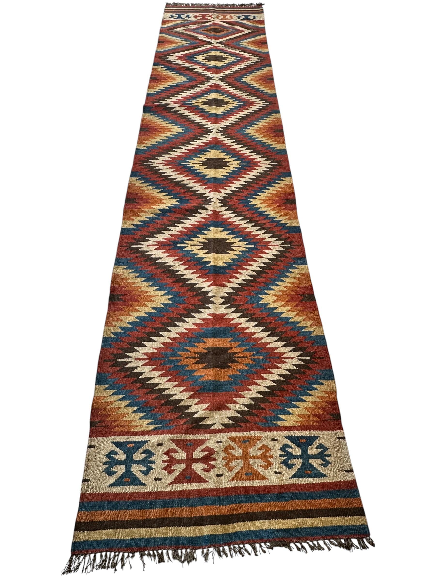 Hand-Knotted Afghan Kilim Wool Runner Rug – 2’8” x 12’4” – Vintage Full Geometric Design - Image 2