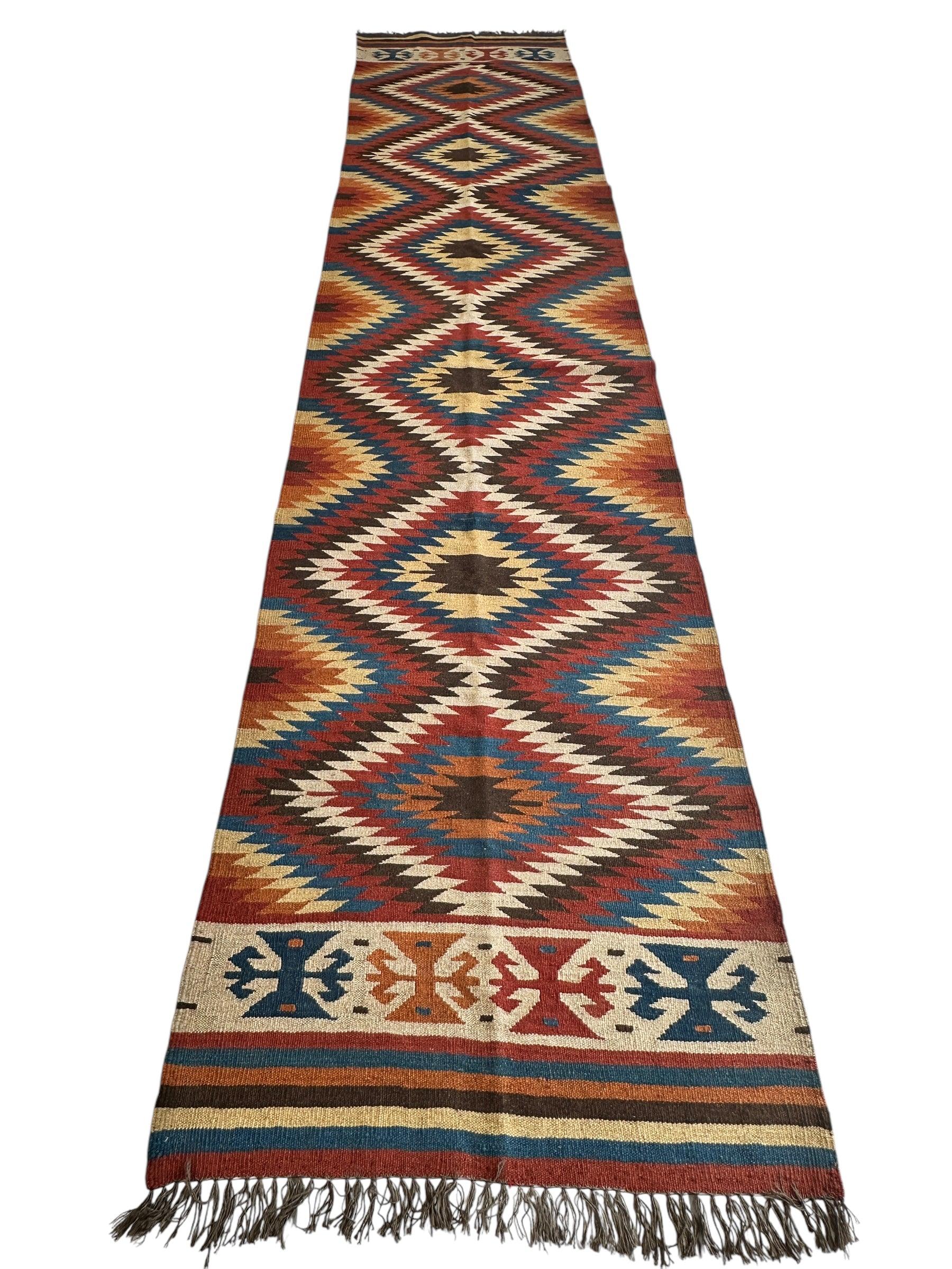 Hand-Knotted Afghan Kilim Wool Runner Rug – 2’8” x 12’4” – Vintage Full Geometric Design - Image 3