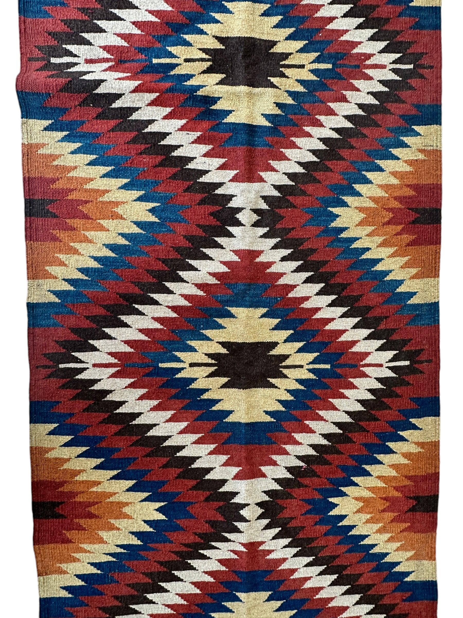 Hand-Knotted Afghan Kilim Wool Runner Rug – 2’8” x 12’4” – Vintage Full Geometric Design - Image 4