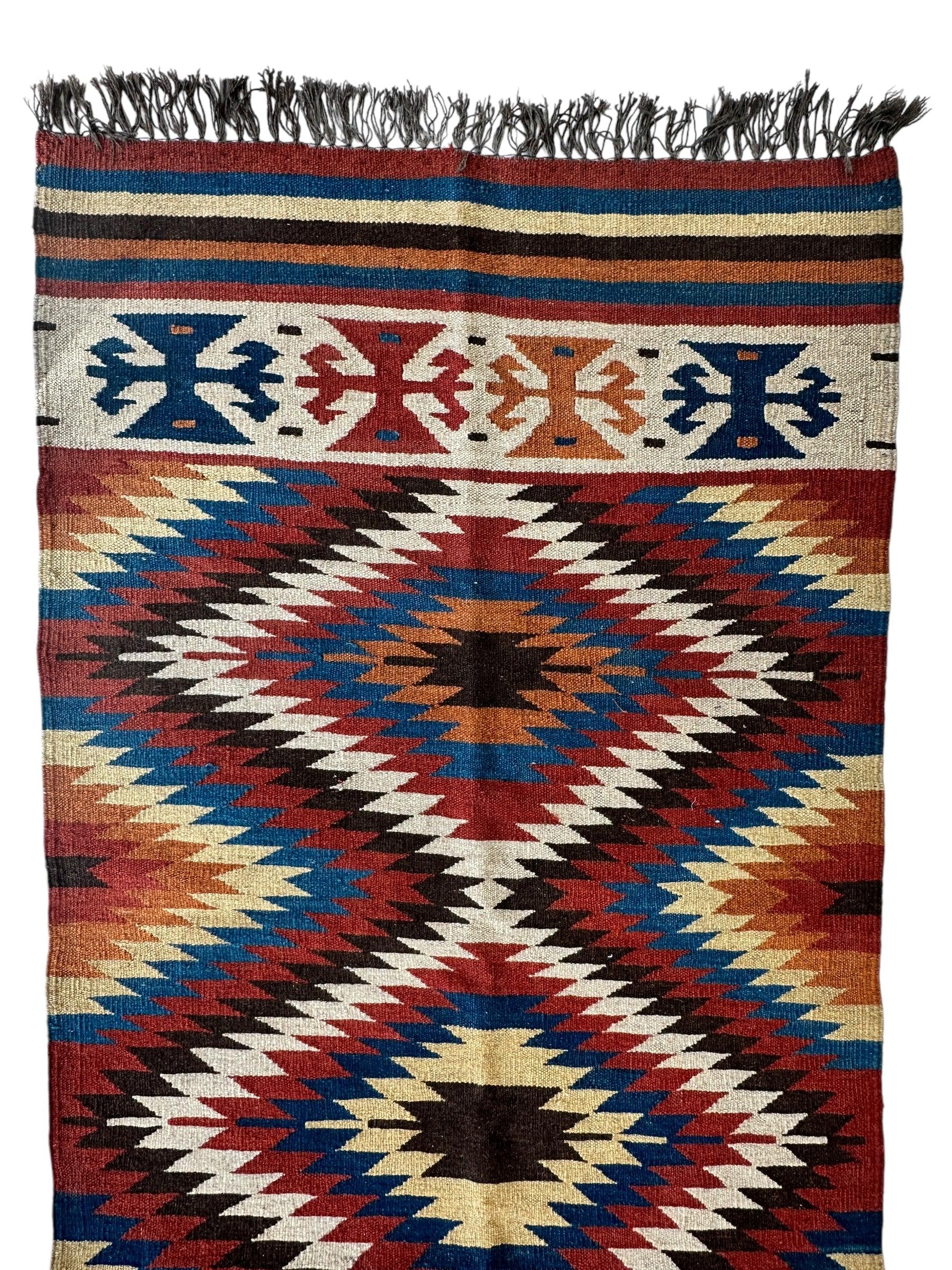 Hand-Knotted Afghan Kilim Wool Runner Rug – 2’8” x 12’4” – Vintage Full Geometric Design - Image 6