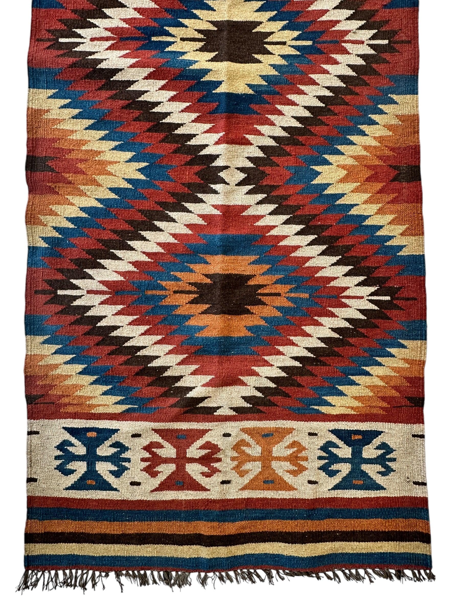 Hand-Knotted Afghan Kilim Wool Runner Rug – 2’8” x 12’4” – Vintage Full Geometric Design - Image 7