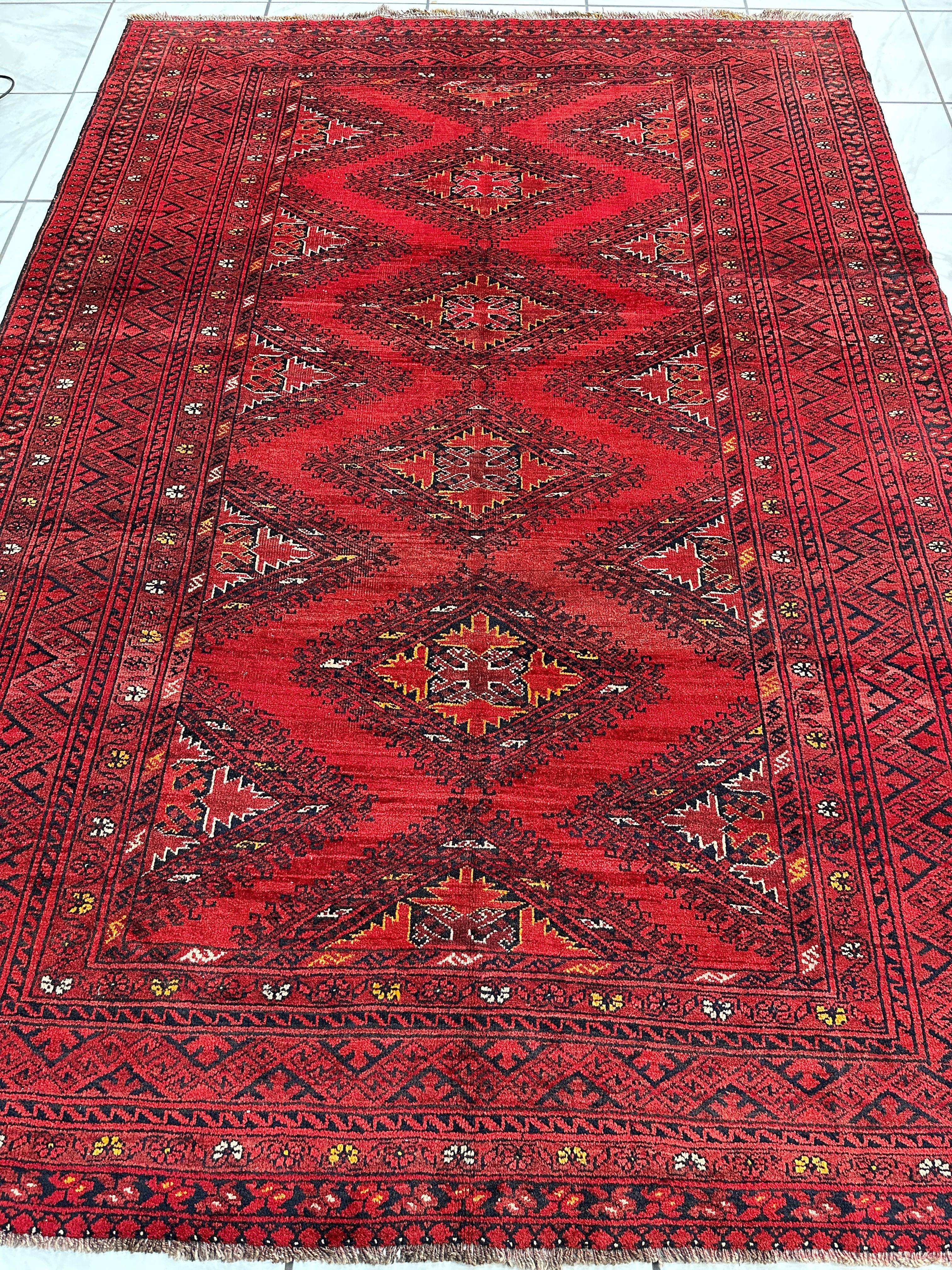 Hand-Knotted Afghan Turkoman Waziri Wool Rug – 6'9" x 9'6" – Vintage Red Elegance - Image 2