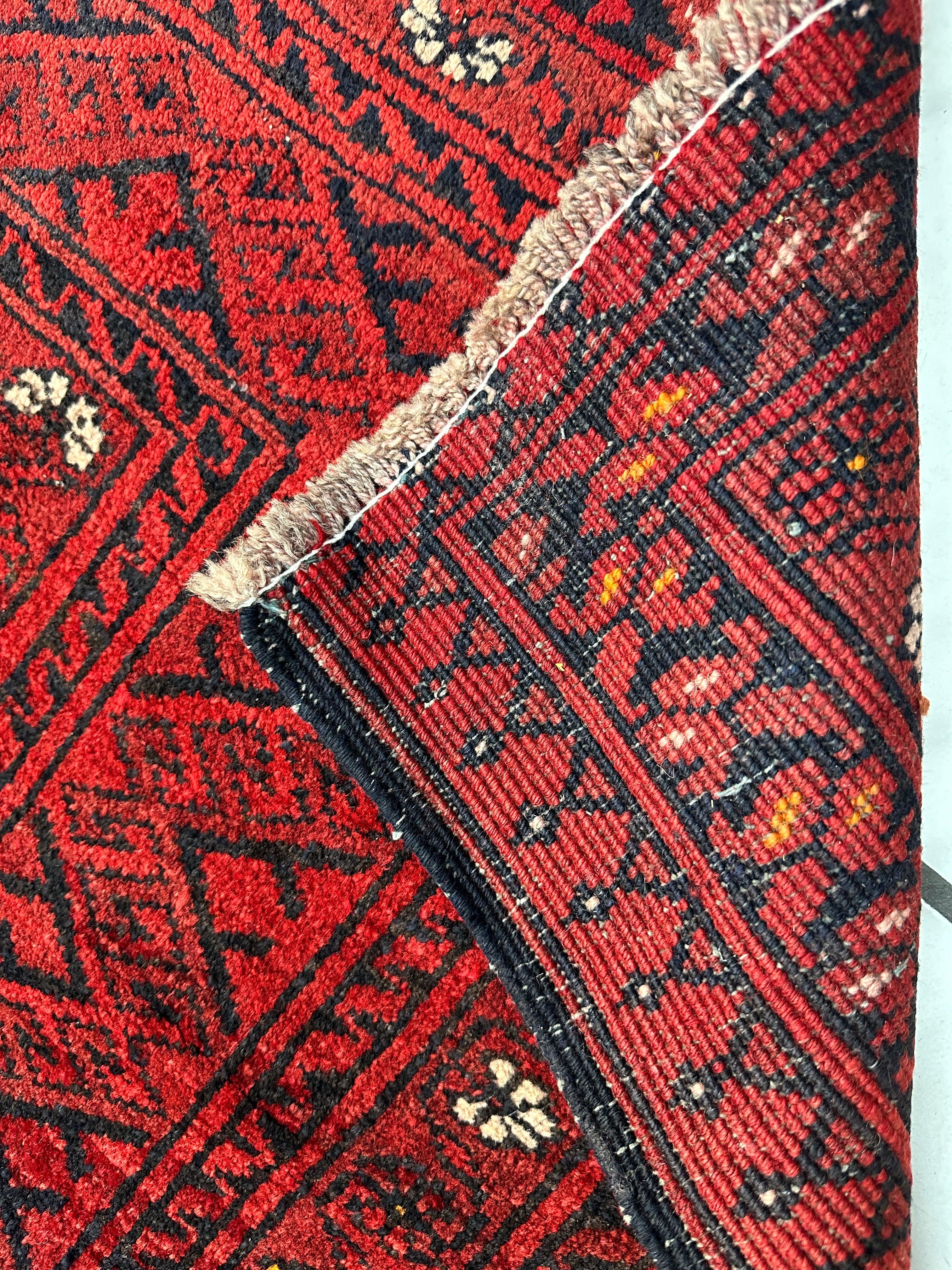 Hand-Knotted Afghan Turkoman Waziri Wool Rug – 6'9" x 9'6" – Vintage Red Elegance - Image 5