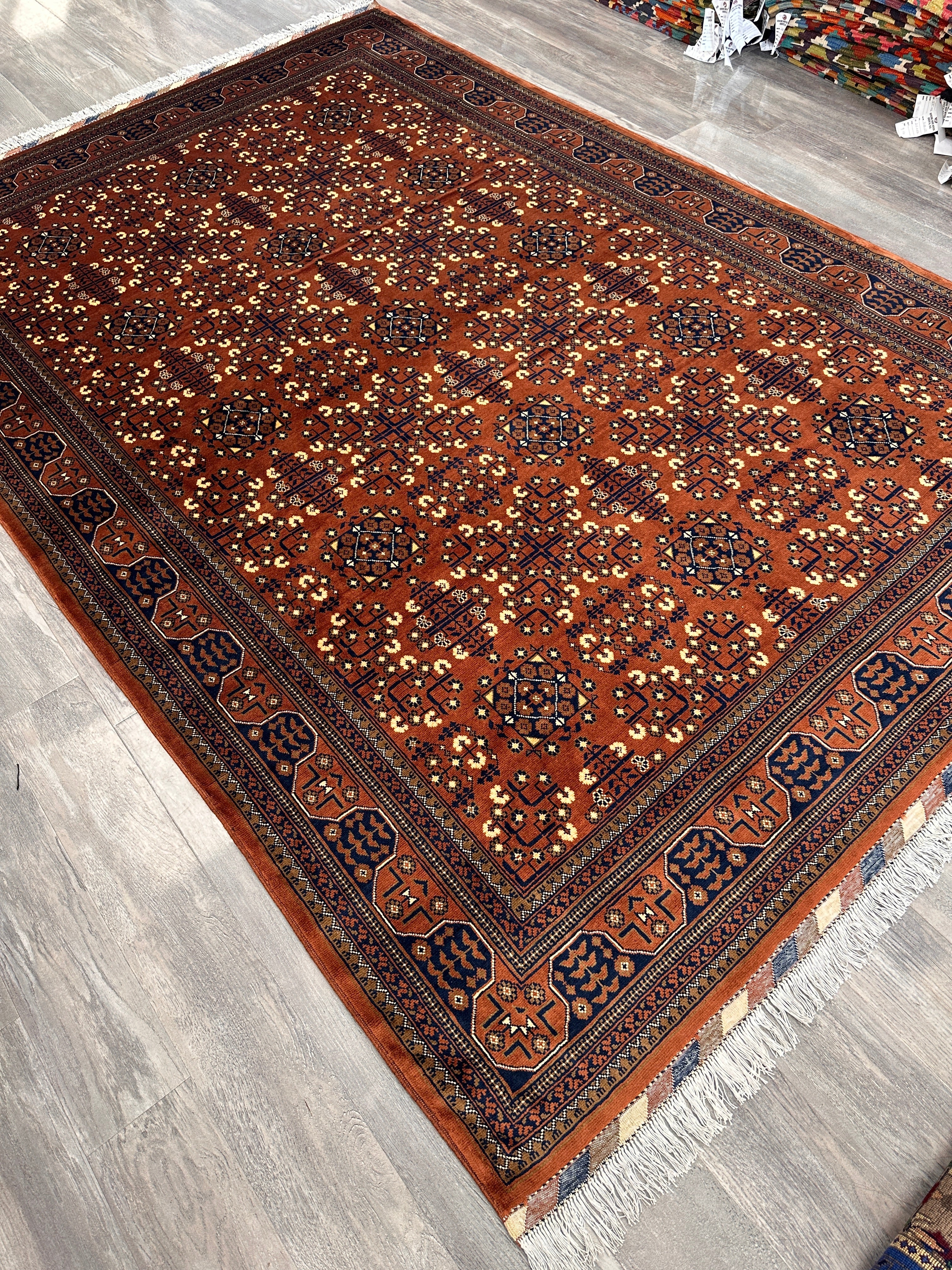 Hand-Knotted Afghani Bukharayi Rug | 6'7" x 10' Wool Area Carpet – Traditional Geometric Design - Image 4