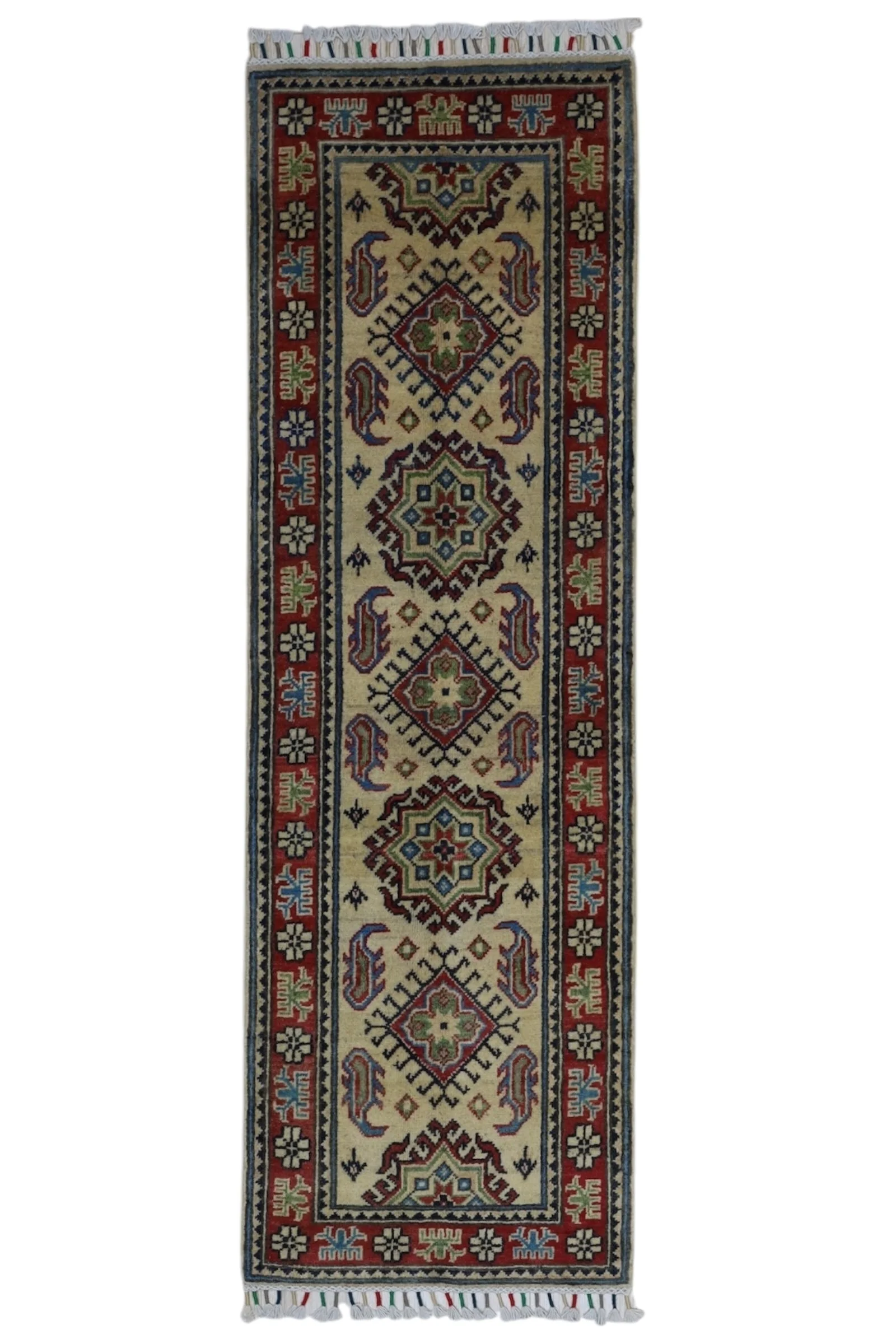 Hand-Knotted Afghani Kazak Wool Rug – 2’0″ x 6’2″