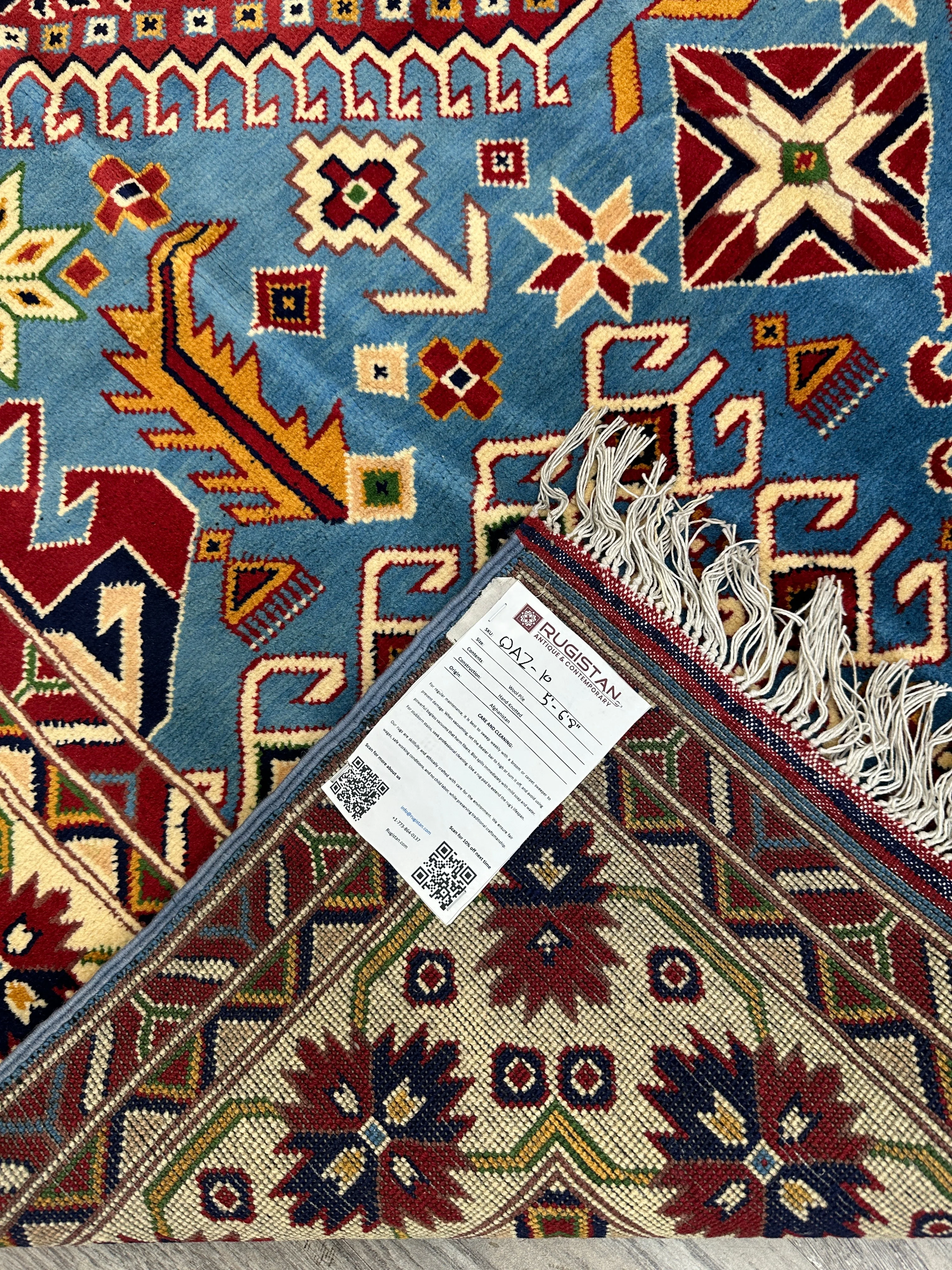 Hand-Knotted Afghani Kazak Wool Rug – 5’0″  x  6’10″ - Image 6