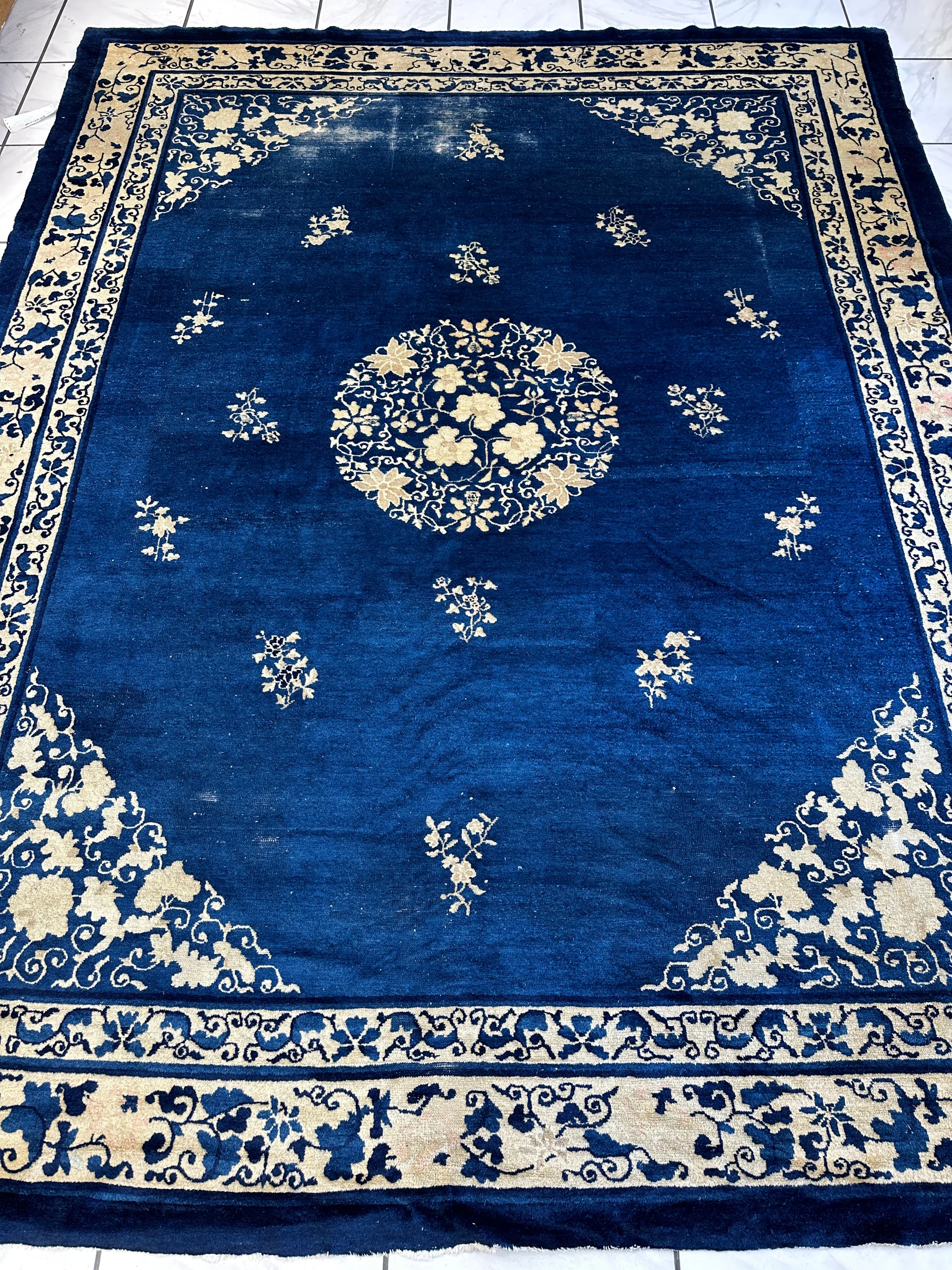 Hand-Knotted Antique Chinese Peking Wool Rug – 9’ x 11’5” – Distressed Blue, 19th Century - Image 2
