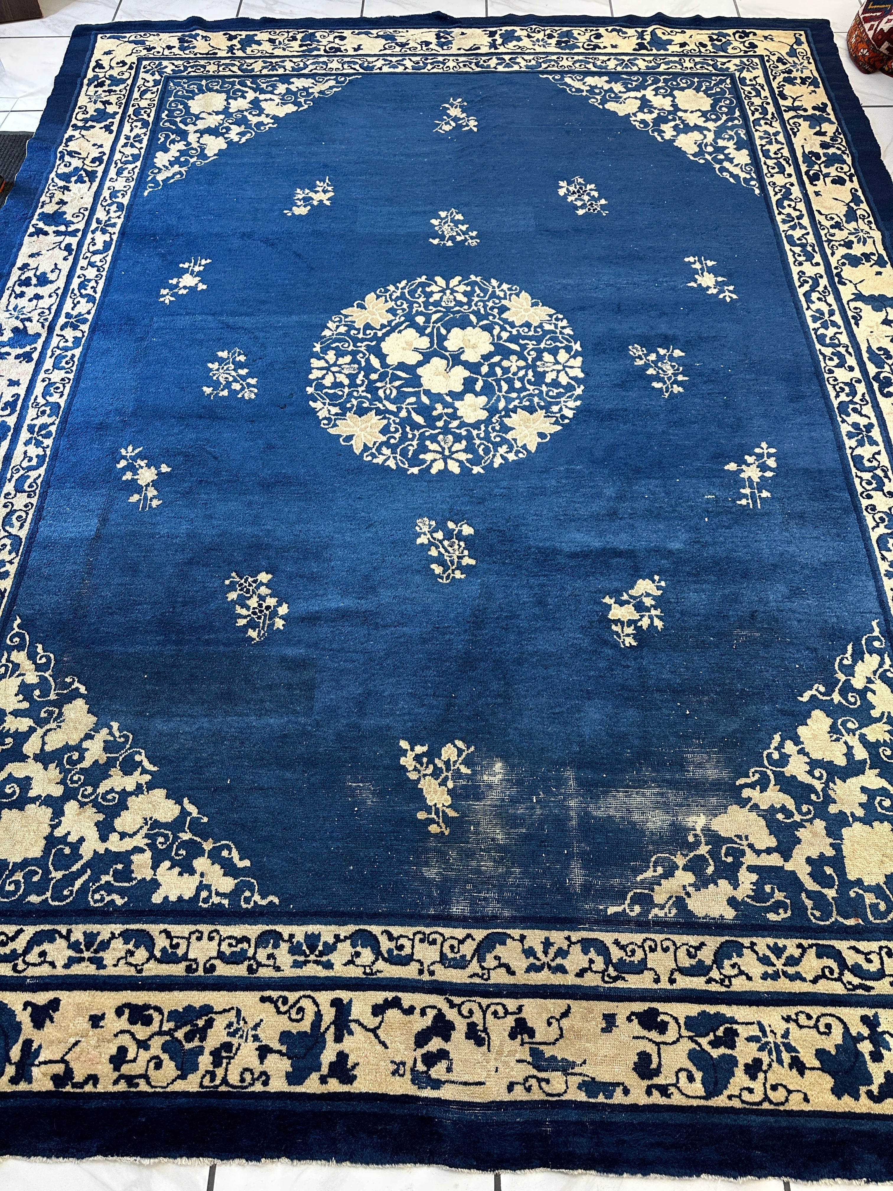Hand-Knotted Antique Chinese Peking Wool Rug – 9’ x 11’5” – Distressed Blue, 19th Century - Image 5