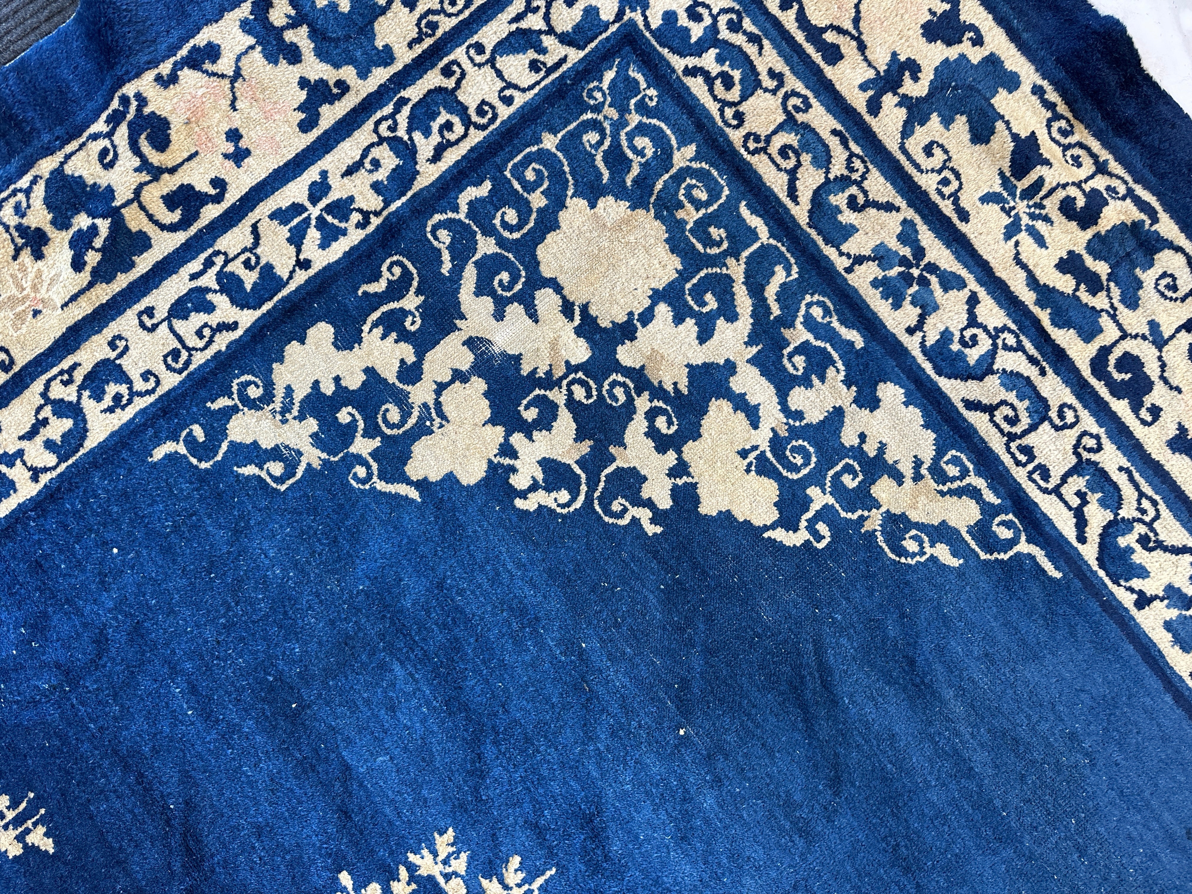 Hand-Knotted Antique Chinese Peking Wool Rug – 9’ x 11’5” – Distressed Blue, 19th Century - Image 9