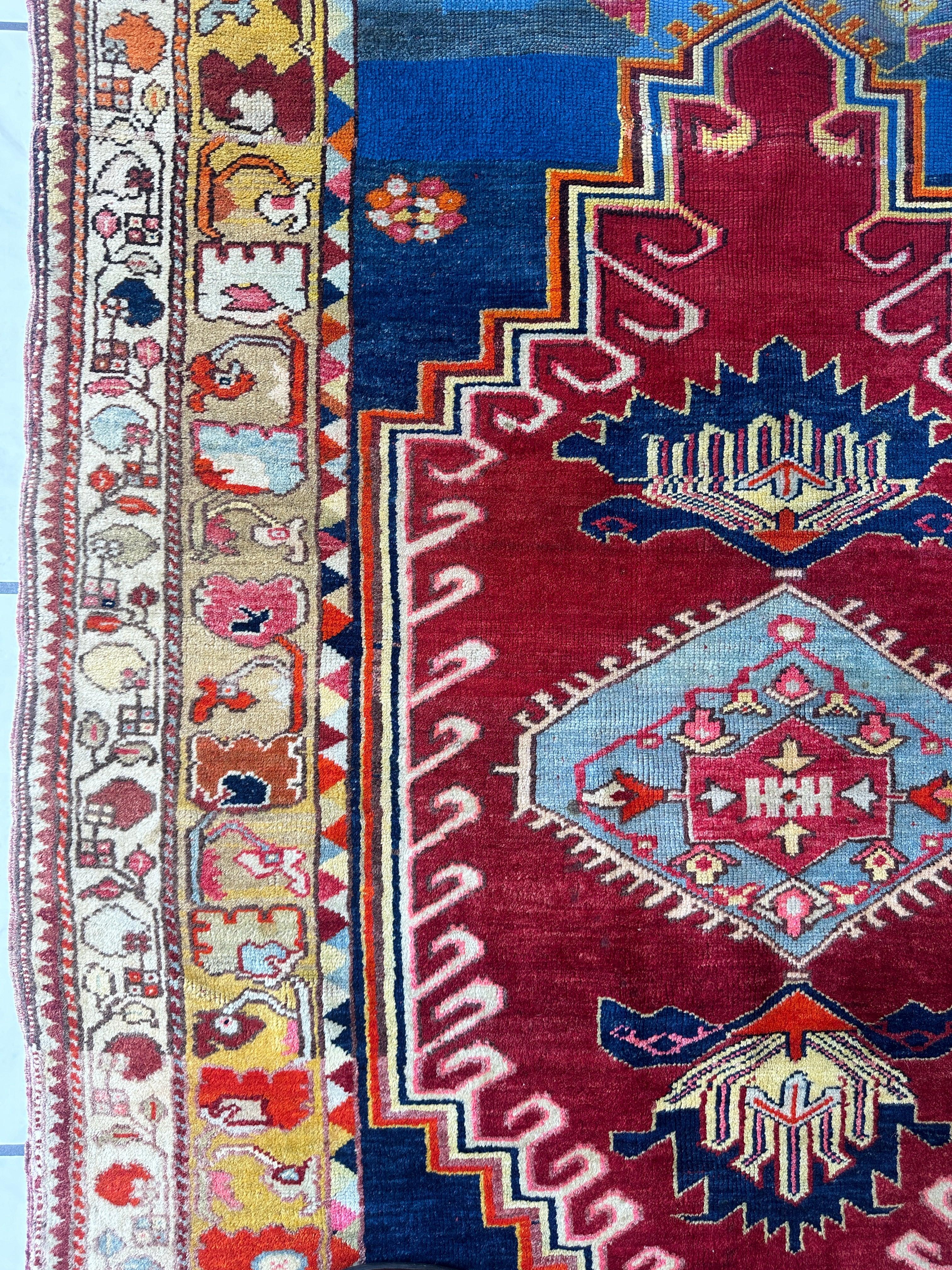 Hand-Knotted Antique Turkish Melas Wool Rug – 4'3" x 5'11" – Vibrant Geometric Motifs - Image 10