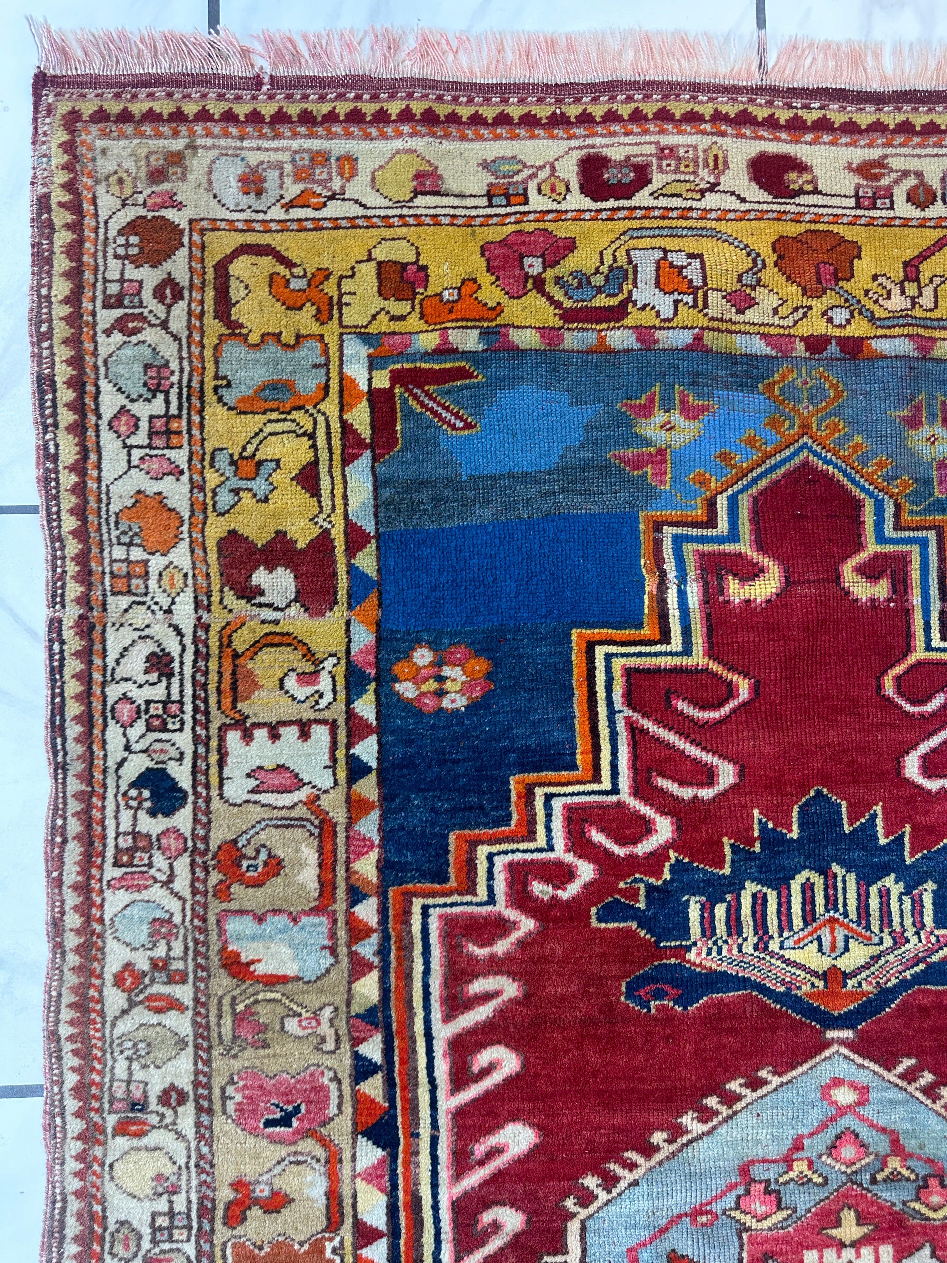 Hand-Knotted Antique Turkish Melas Wool Rug – 4'3" x 5'11" – Vibrant Geometric Motifs - Image 11