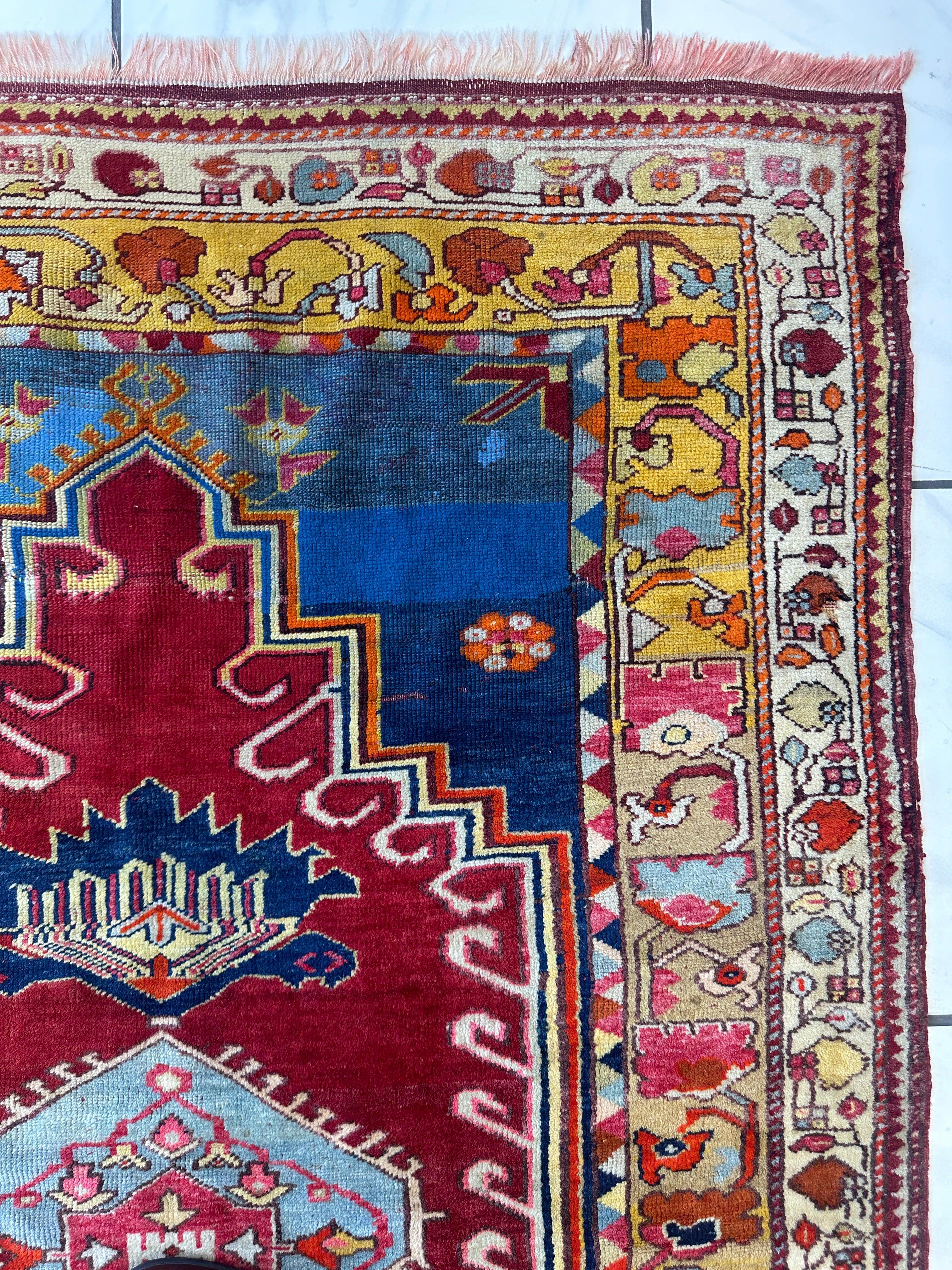 Hand-Knotted Antique Turkish Melas Wool Rug – 4'3" x 5'11" – Vibrant Geometric Motifs - Image 12