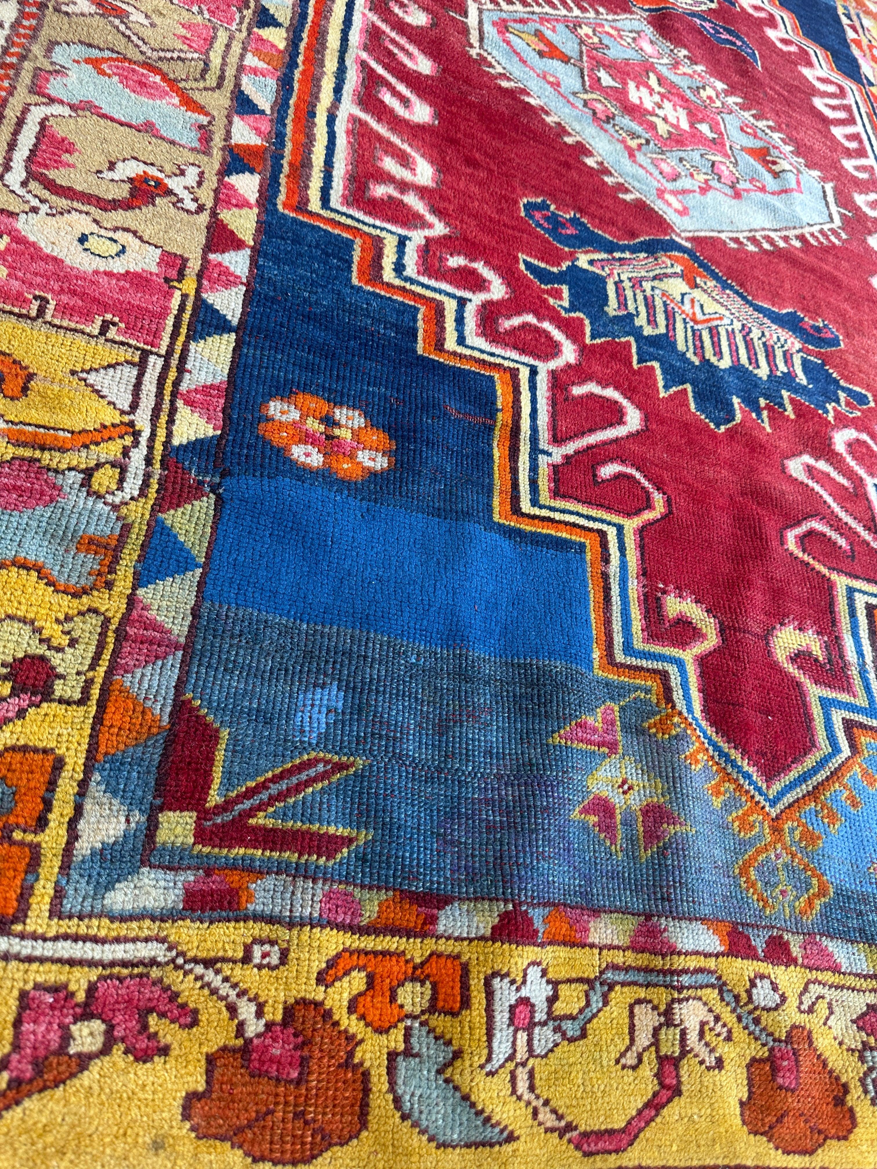 Hand-Knotted Antique Turkish Melas Wool Rug – 4'3" x 5'11" – Vibrant Geometric Motifs - Image 2