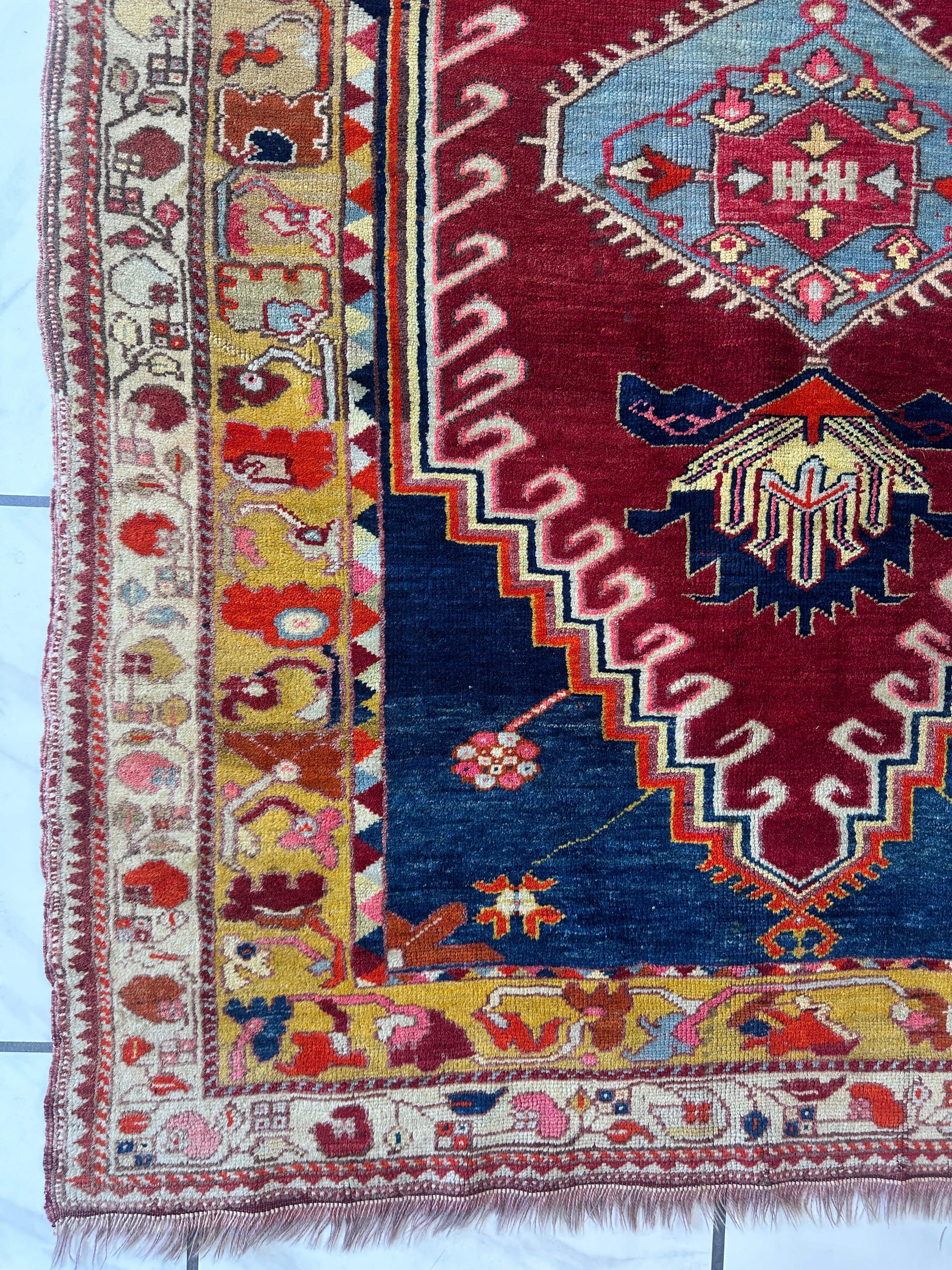 Hand-Knotted Antique Turkish Melas Wool Rug – 4'3" x 5'11" – Vibrant Geometric Motifs - Image 6