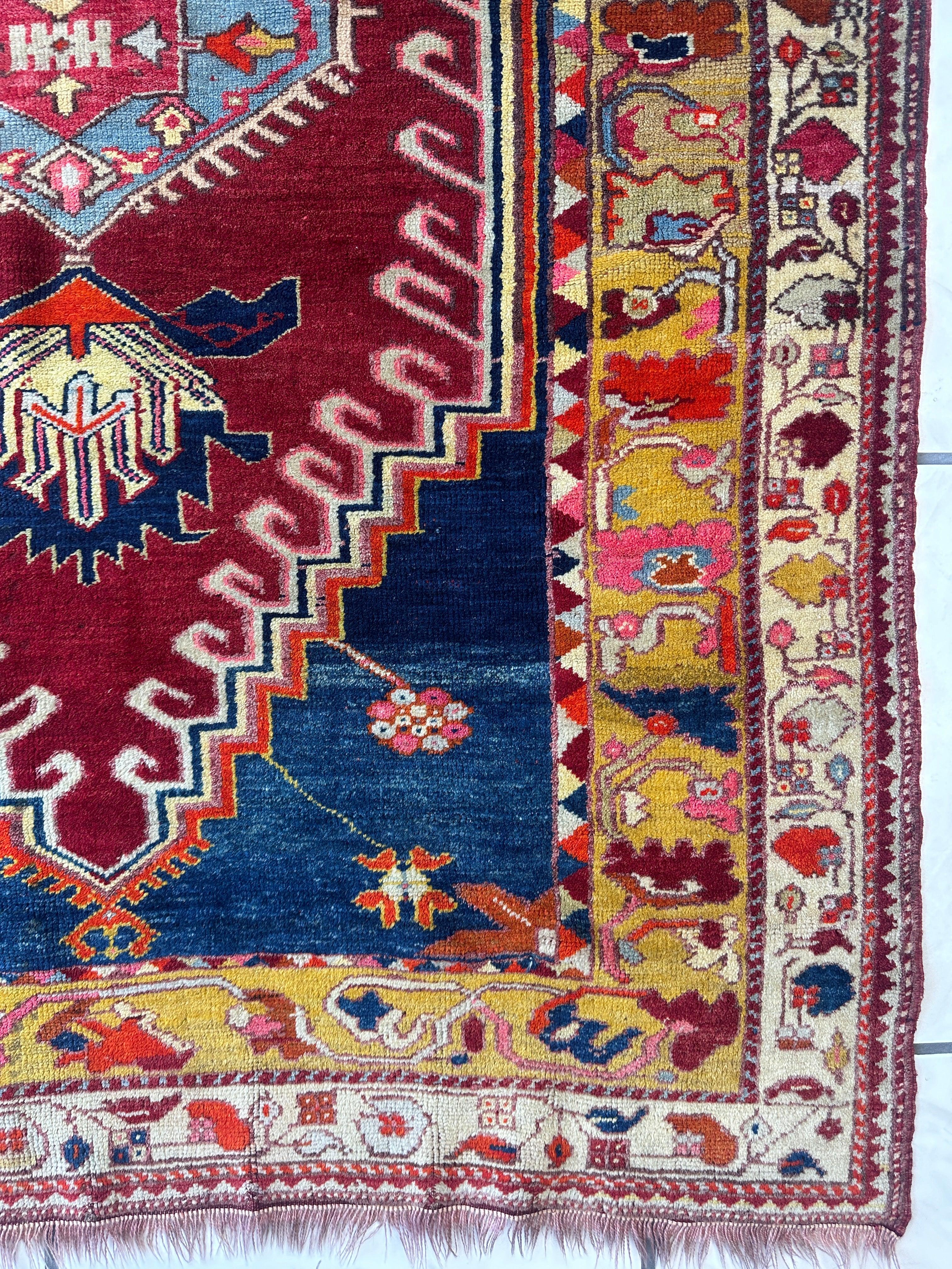 Hand-Knotted Antique Turkish Melas Wool Rug – 4'3" x 5'11" – Vibrant Geometric Motifs - Image 8