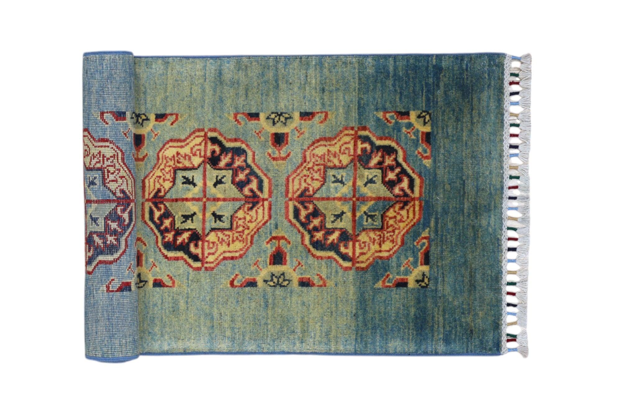 Hand-Knotted Kazak Afghani Wool Rug I Green 2' x 5'7" - Image 4