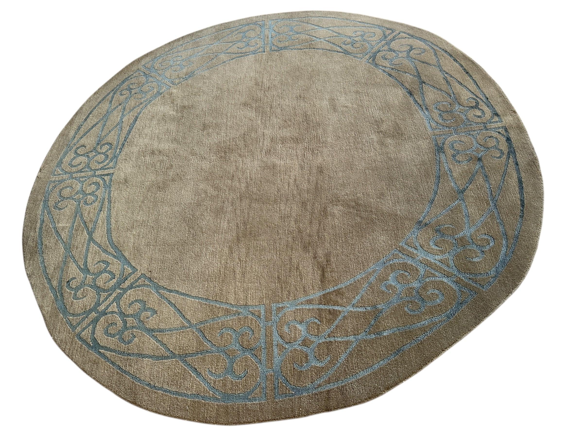 Hand-Knotted Tibetan Rug - 6' x 6'1" Round - Wool & Silk - Elegant Blue Border Design - Image 3