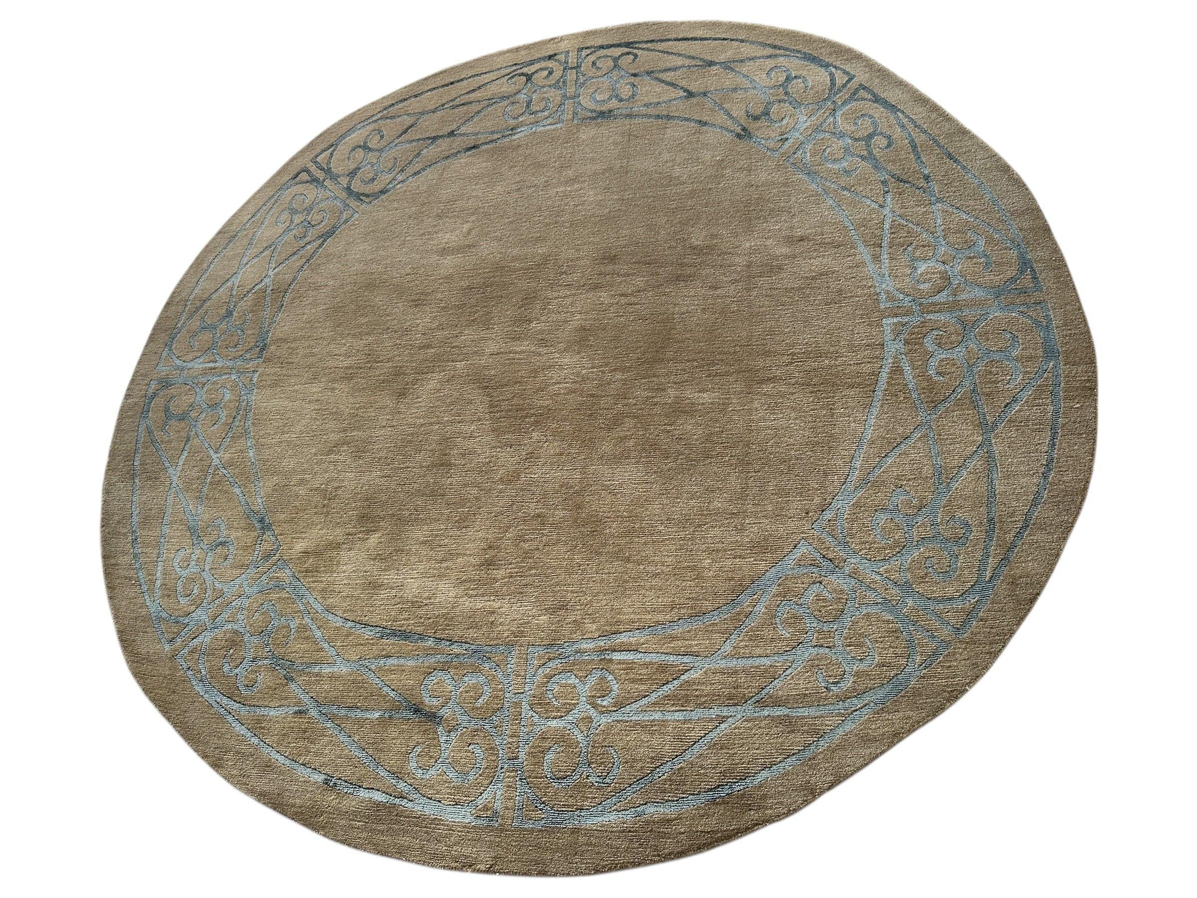 Hand-Knotted Tibetan Rug - 6' x 6'1" Round - Wool & Silk - Elegant Blue Border Design - Image 4