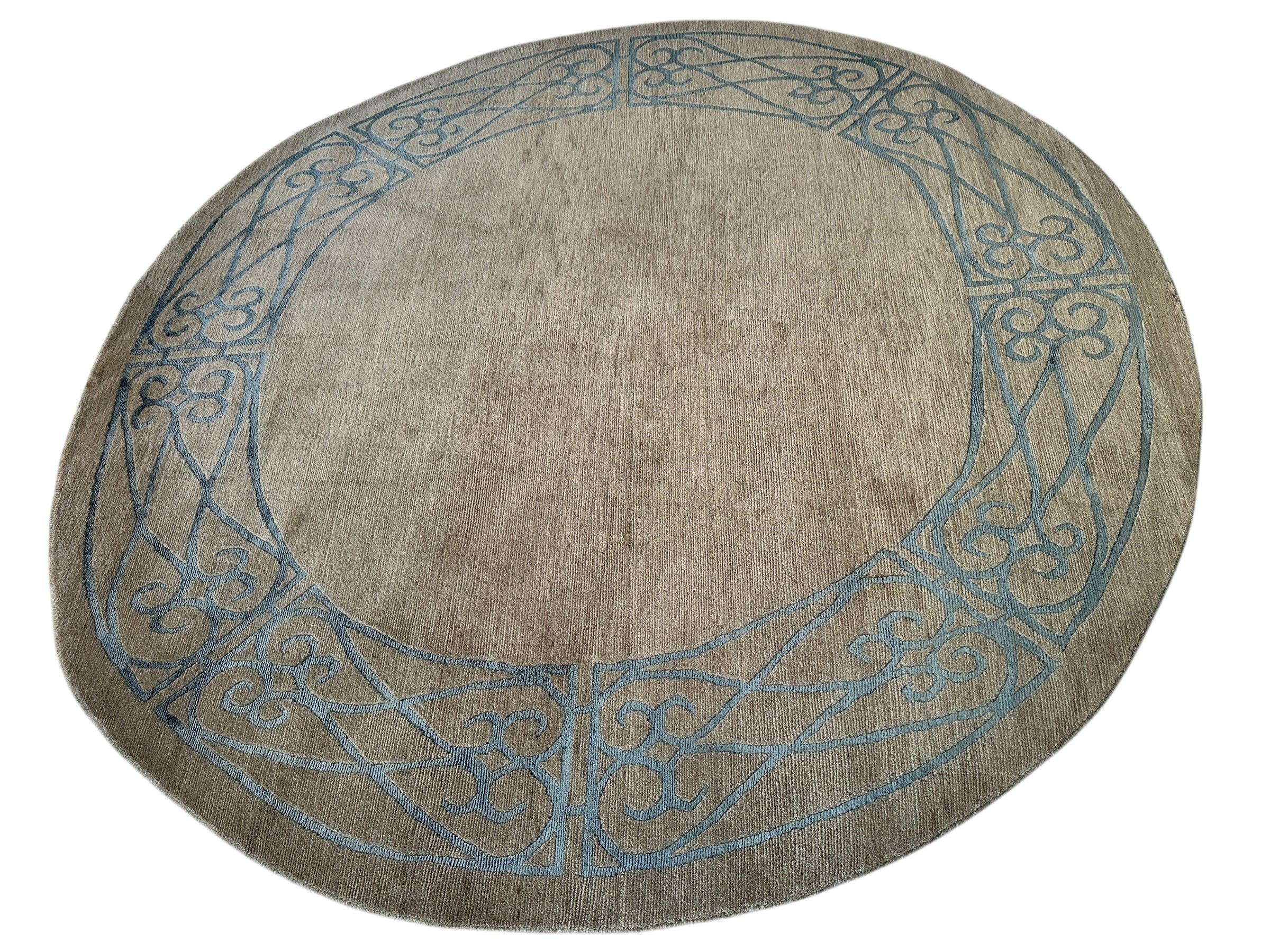Hand-Knotted Tibetan Rug - 6' x 6'1" Round - Wool & Silk - Elegant Blue Border Design - Image 5