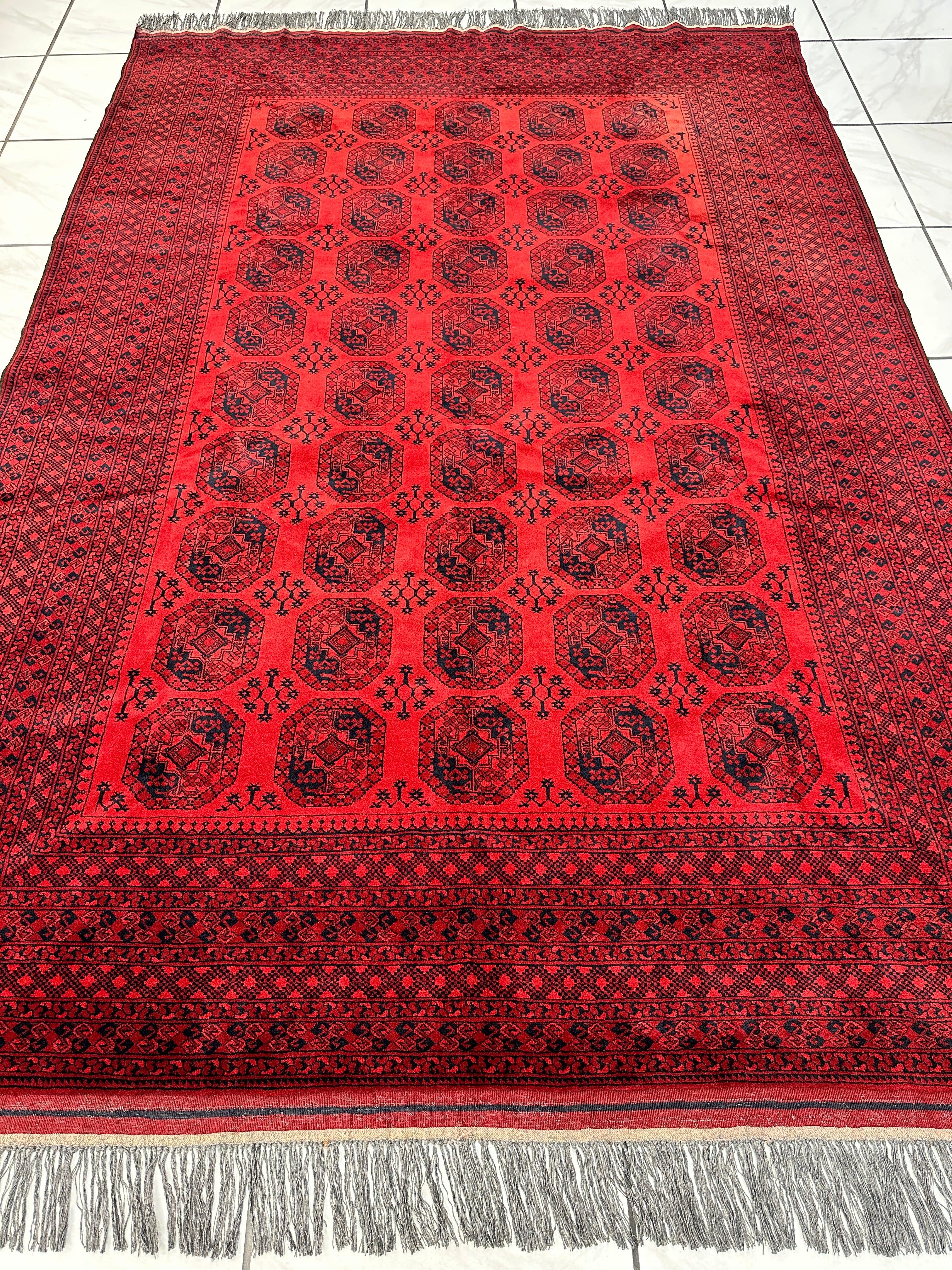 Hand-Knotted Turkoman Ersari Wool Rug – 6’7” x 9’6” – Rich Red Tones, Geometric Design - Image 3