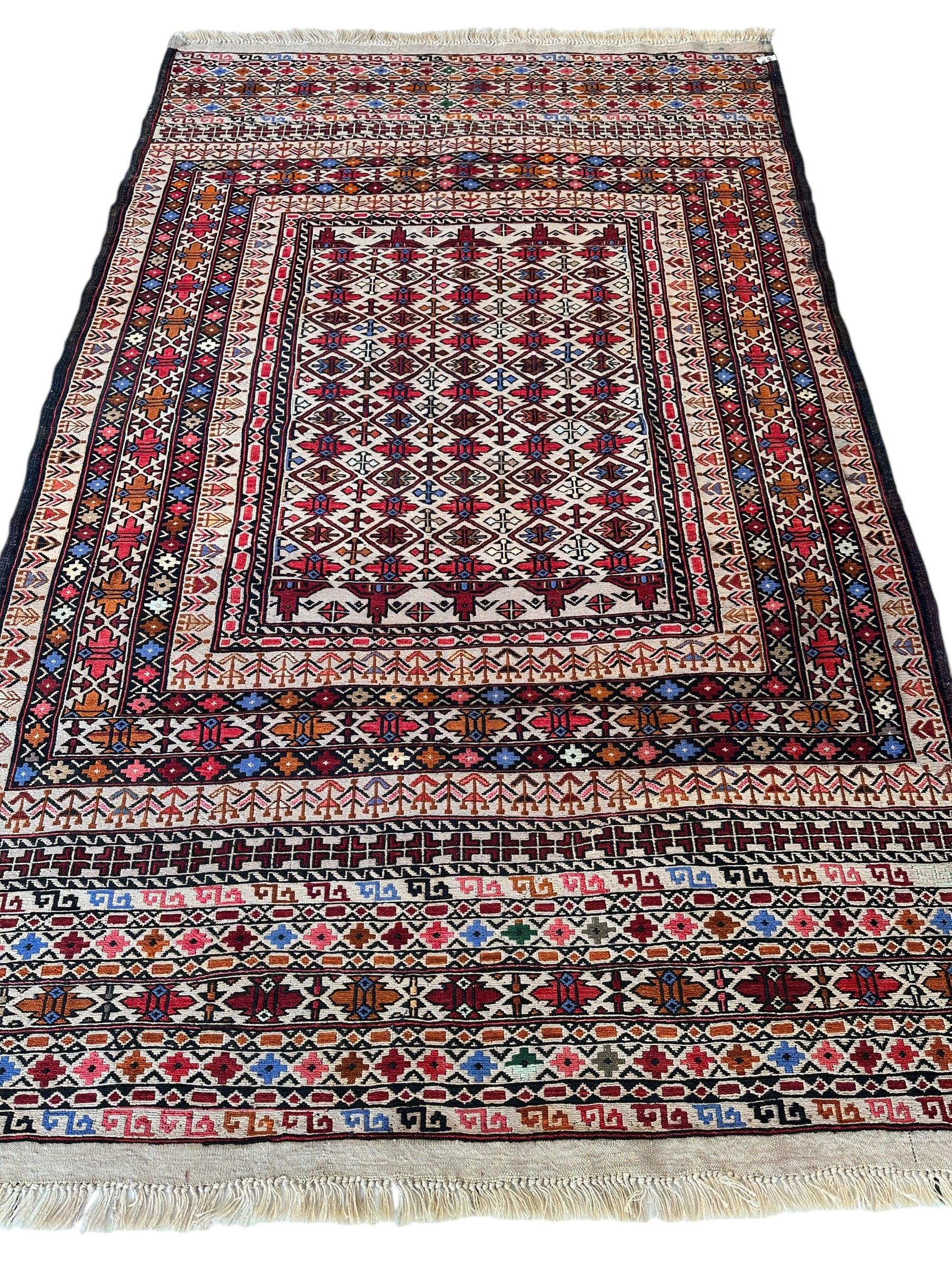 Hand-Woven Afghani Maliki Soumak Wool Kilim Rug - 4'2" x 6'6" - Image 2