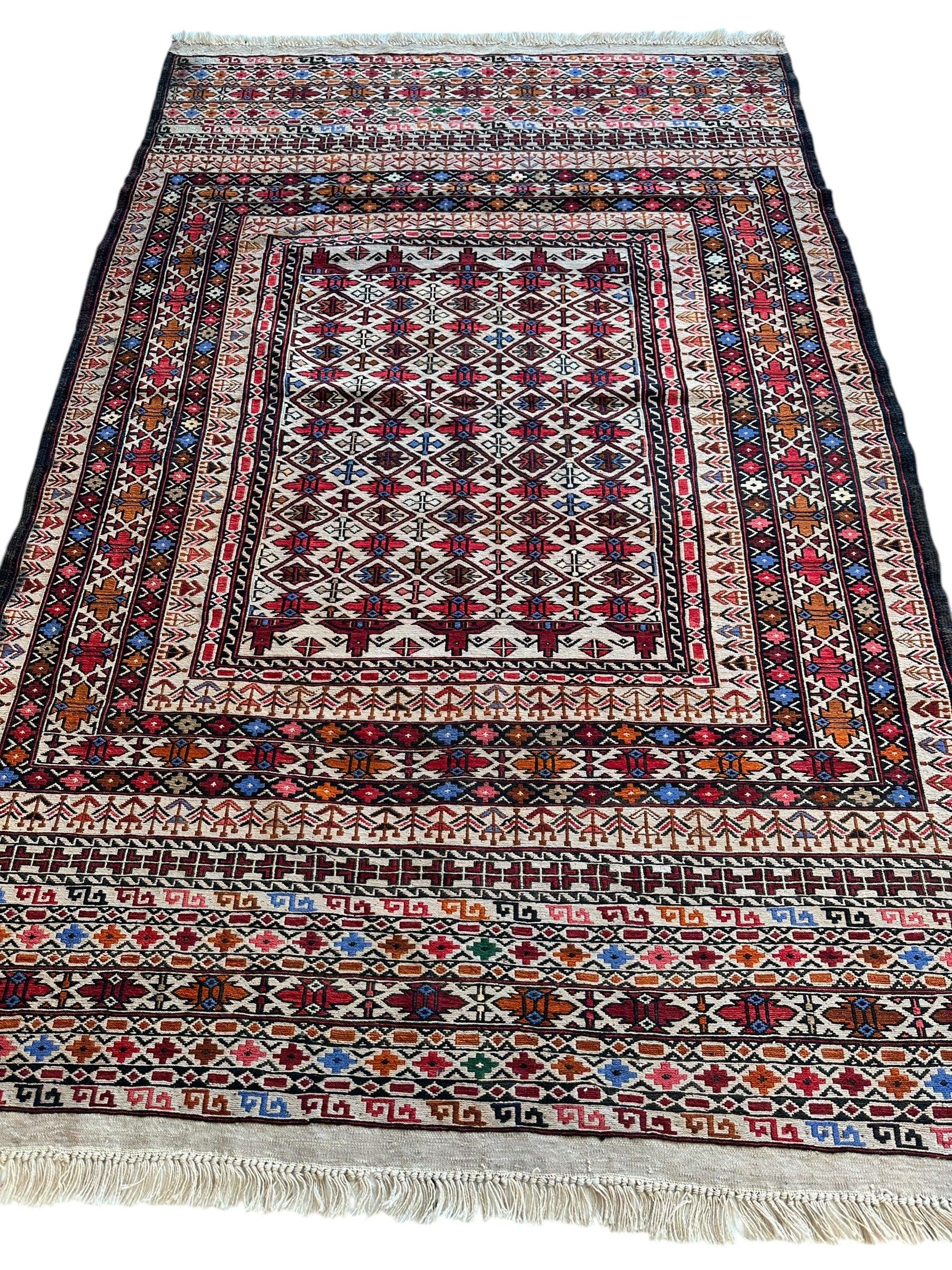 Hand-Woven Afghani Maliki Soumak Wool Kilim Rug - 4'2" x 6'6" - Image 3