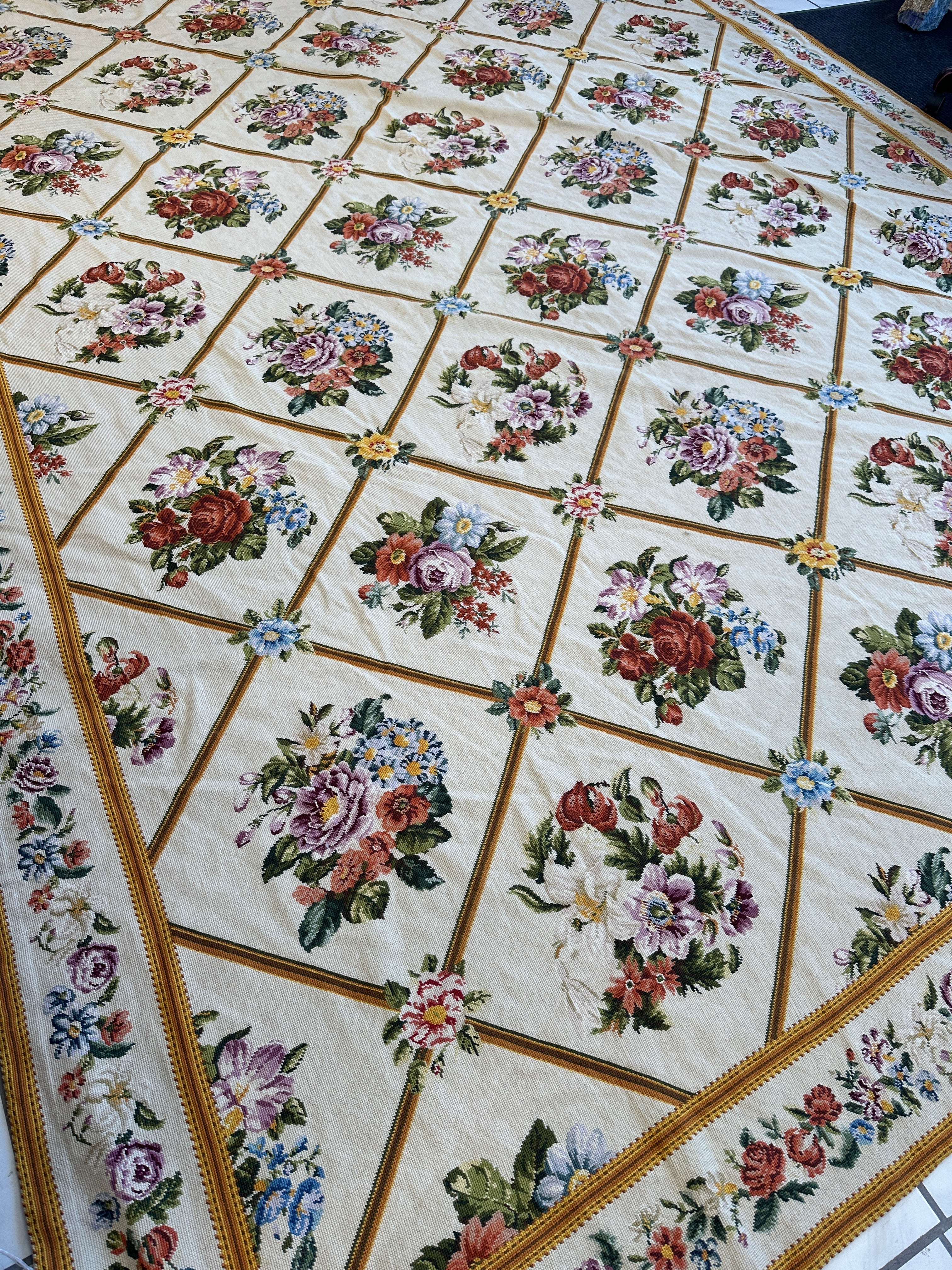 Handmade Needlepoint Floral Wool Rug – 9' 7" x 13' 5" – Vintage European Tapestry Style - Image 3