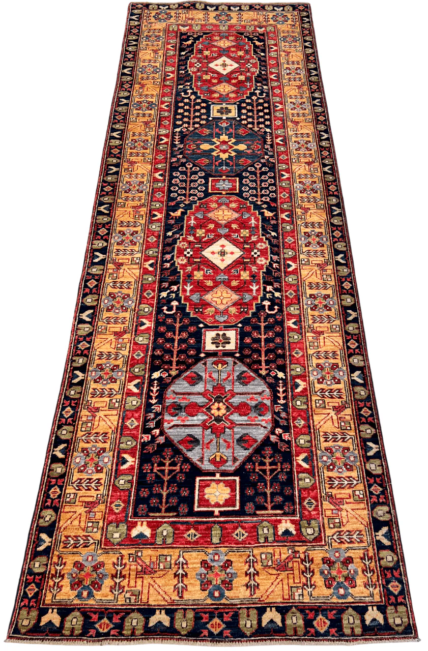 Afghan Heriz (3'x10' Runner) navy/gold/red - Image 7