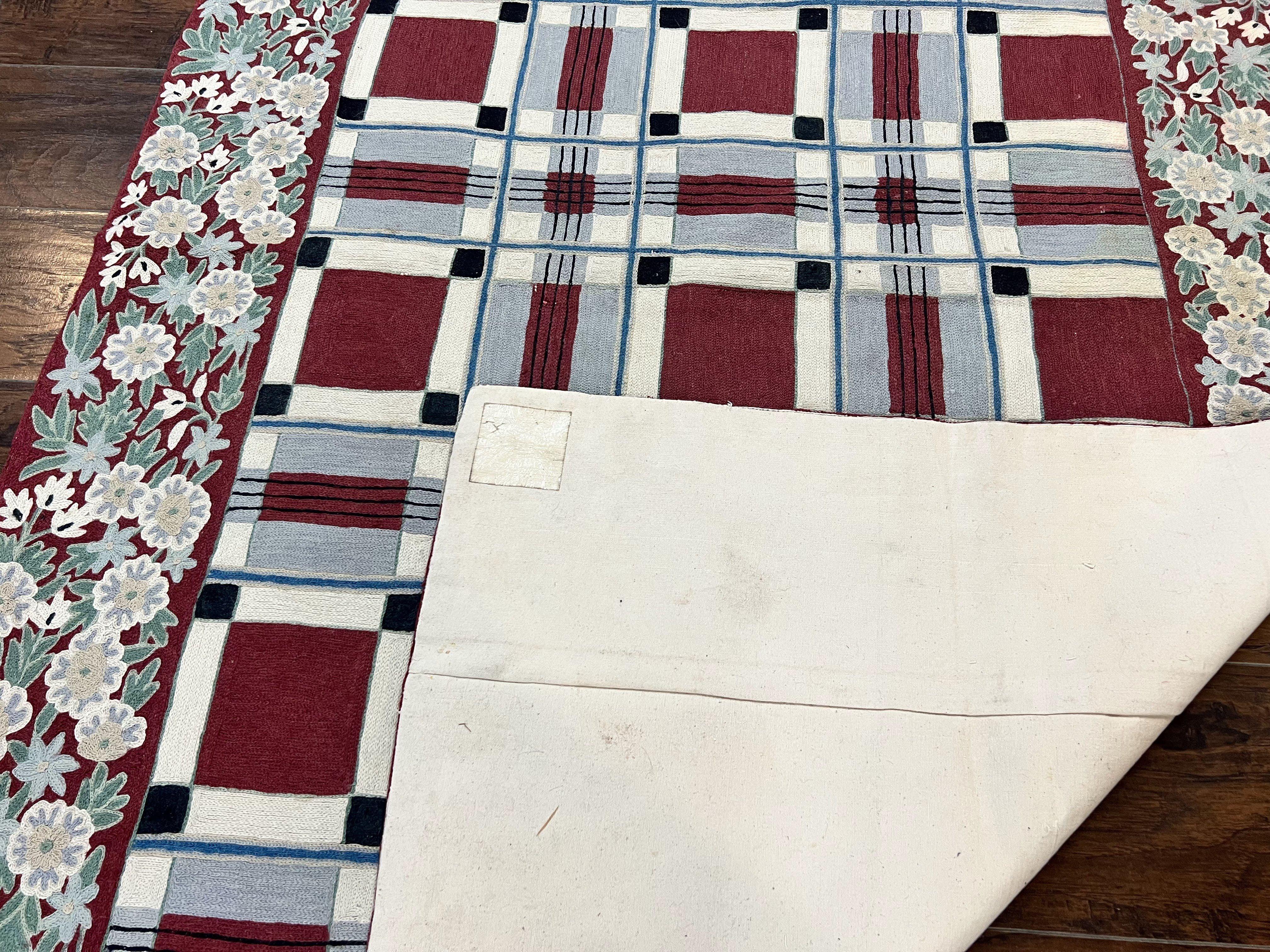 Indian Hand Stitched Rug 4x6, Vintage Carpet, Checkerboard Floral Pattern, Maroon Ivory, Flatweave, Wool - Image 10