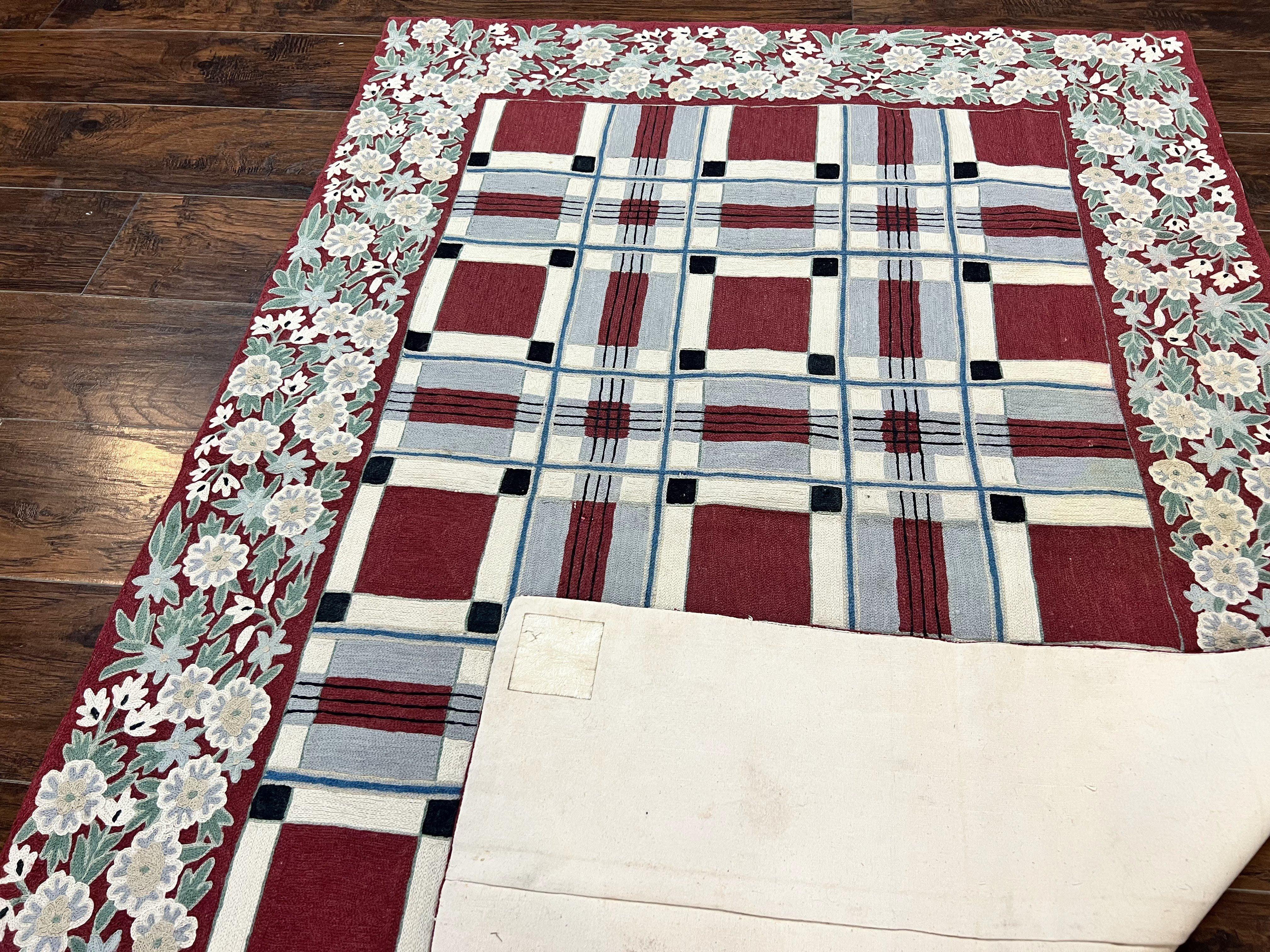 Indian Hand Stitched Rug 4x6, Vintage Carpet, Checkerboard Floral Pattern, Maroon Ivory, Flatweave, Wool - Image 11